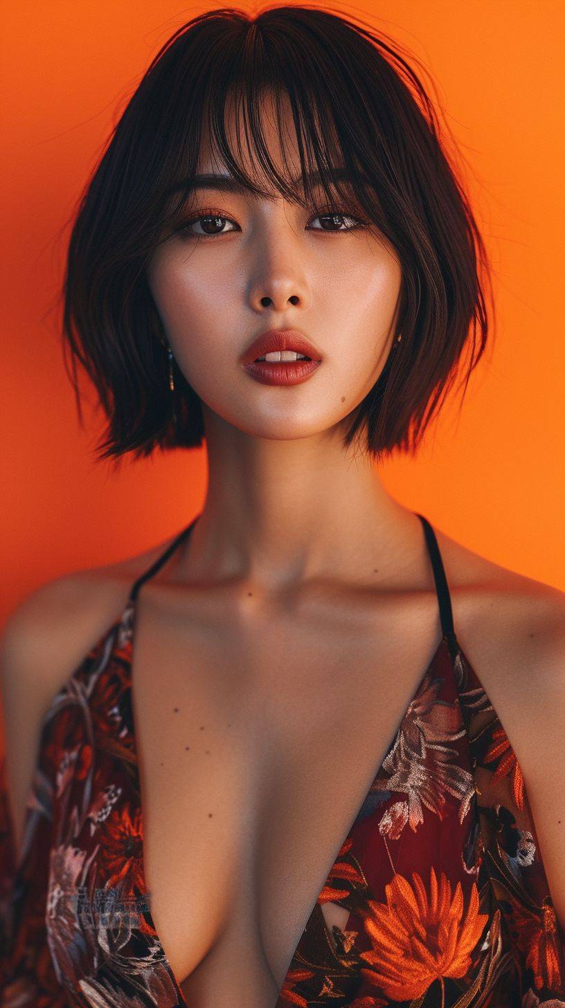 Magazine cover, studio photograph of a gorgeous Chinese model with short straight hair, in a fancy low cut dress. The camera angle is low and dramatic. The colors are orange, red, and yellow.