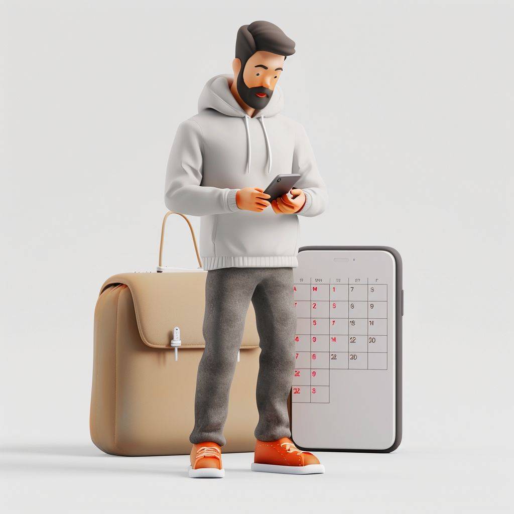 3D model of a man using a smartphone with a calendar behind him, featuring a realistic design, clean lines, and a simple color scheme against a white background