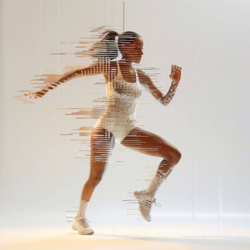 Full body view of a young woman embodied by dynamic lines of neutralizing pixels