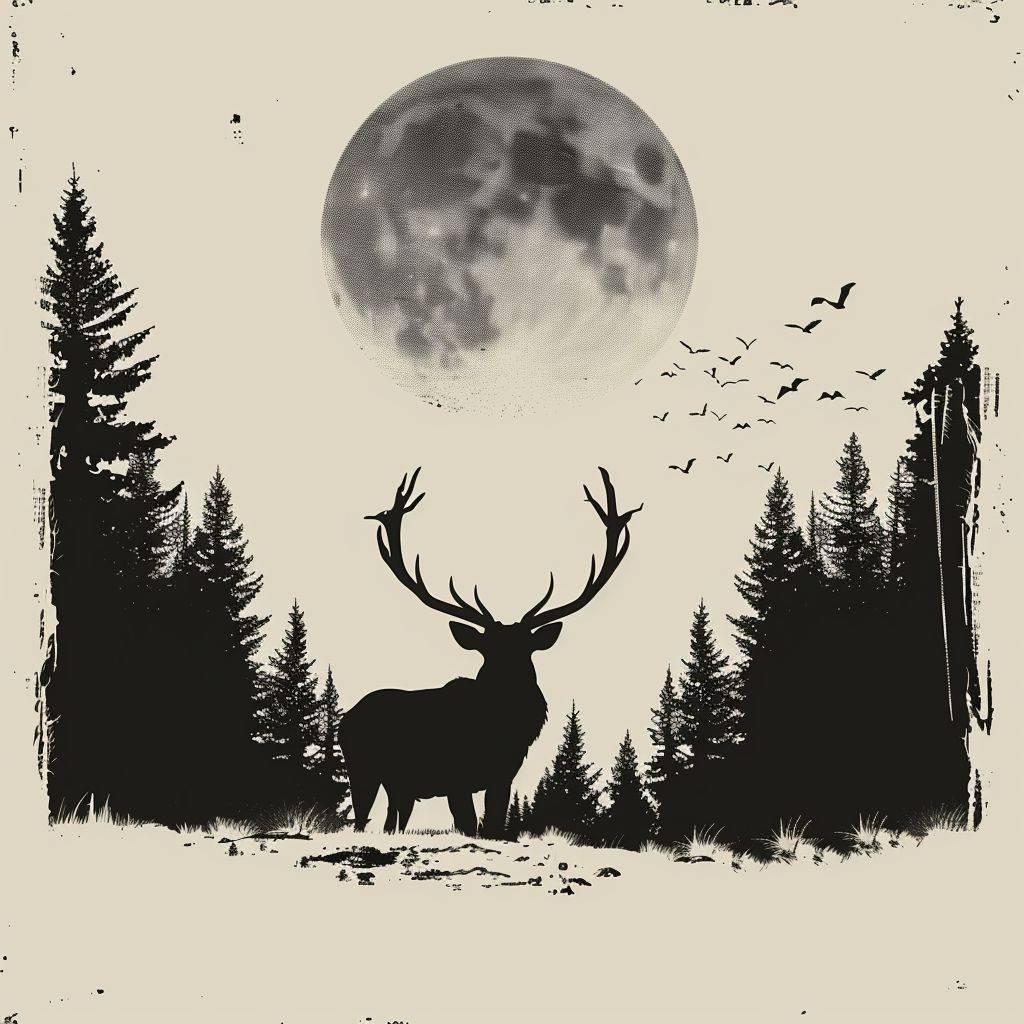 [Silhouette of a male deer in front of a beautiful forestscape], white background, in the style of retro, screen printing, SVG logo, minimalist, black and white, iconic, bold and angular, stark black and white, hard edge, bibliopunk --style raw --stylize 250