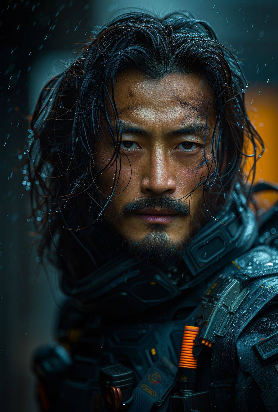 Hiroyuki Sanada, in his early thirties, wearing long hair and futuristic tactical gear. Arri Alexa 8k VV. Cinematic. Unreal Engine. Detailed and realistic. Character poster. 8k, HD, cinematography, photorealistic, epic composition--style raw--ar 27:40--v 6--stylize 750