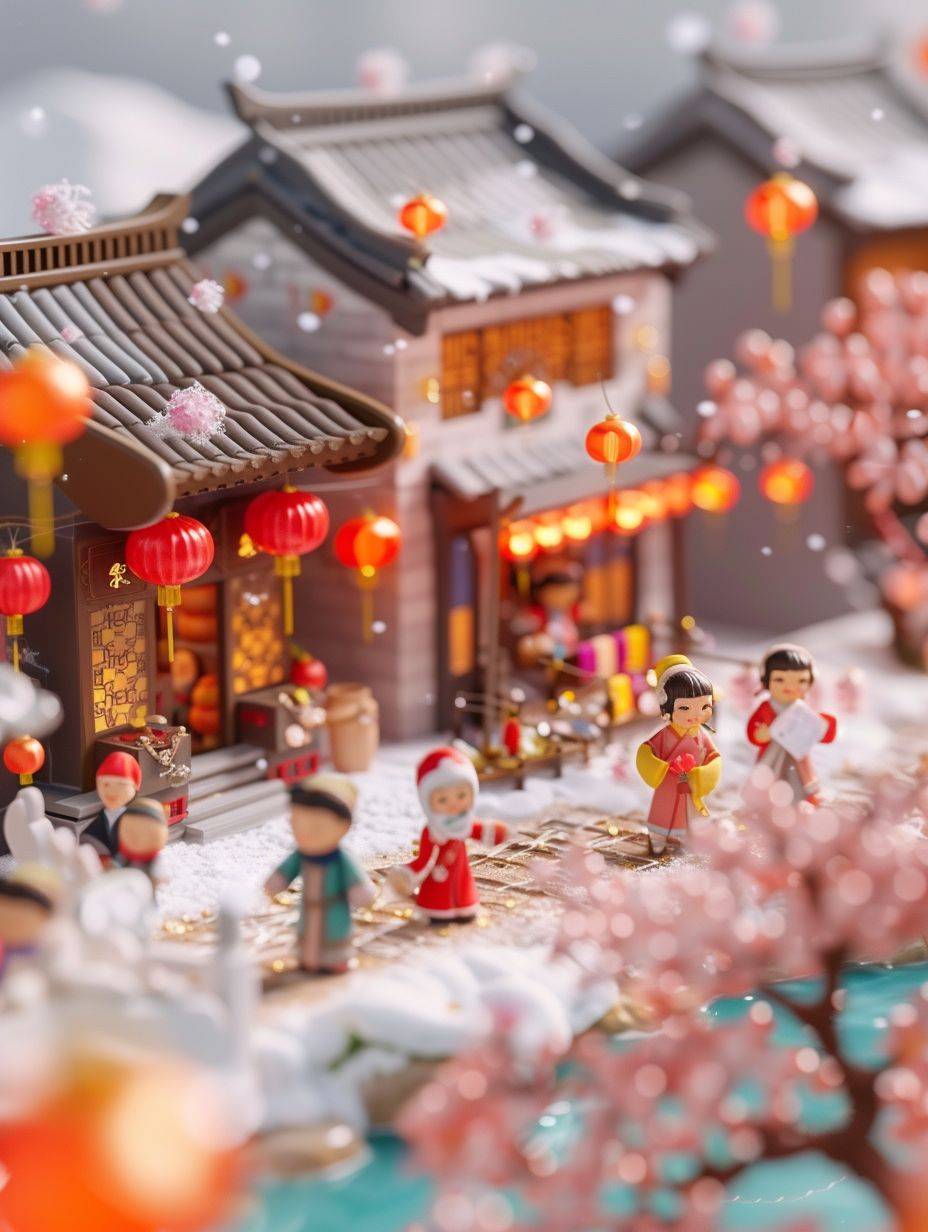 Miniaturized, Spring Festival Town isometric view, super cute clay world, cute clay stop-motion animation, Chinese New Year lanterns, Spring couplets, gather outside, lively atmosphere, Palace, tilt movement, excellent lighting, snow, volume landscape, brush rendering, tilt movement, 3D, super detail, 32k
