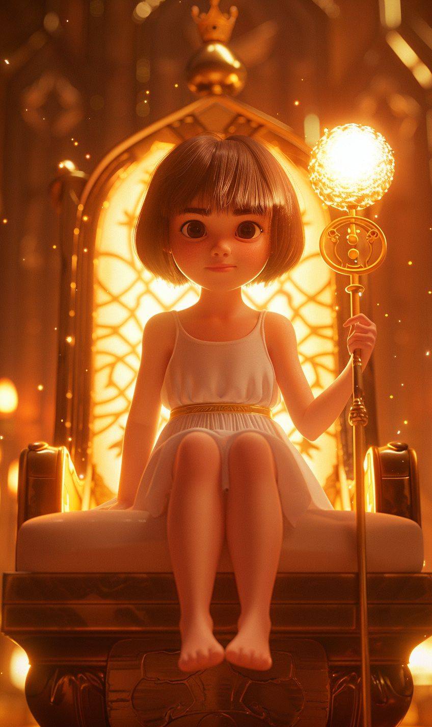 A three-year-old girl with smooth brown hair, cut into a pixie cut and without ponytails, sitting with a serious face on a high pedestal in an ancient temple, on a throne with a magical, glowing staff in her hand. The girl looks funny and cute in a Pixar fairytale style.