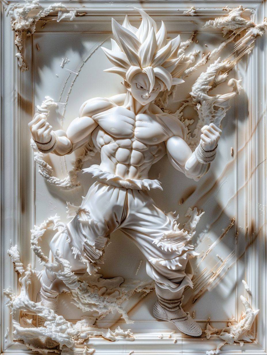 Goku, epic action and dynamic pose, in the style of opaque resin panels, precisionist, ivory, magical girl symbolism, close-up, elaborate borders, surrealistic assemblage --ar 3:4