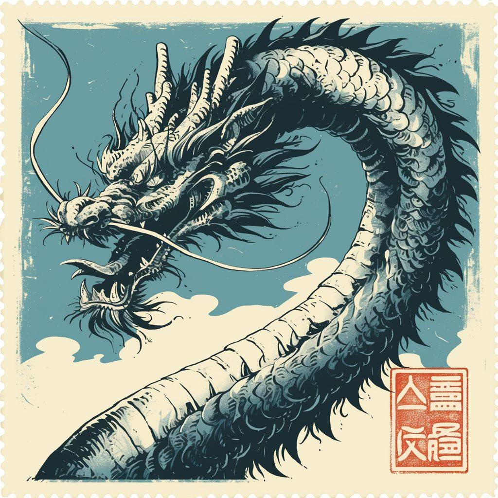 A postage stamp depicting a Chinese dragon, with a baby blue and black color theme