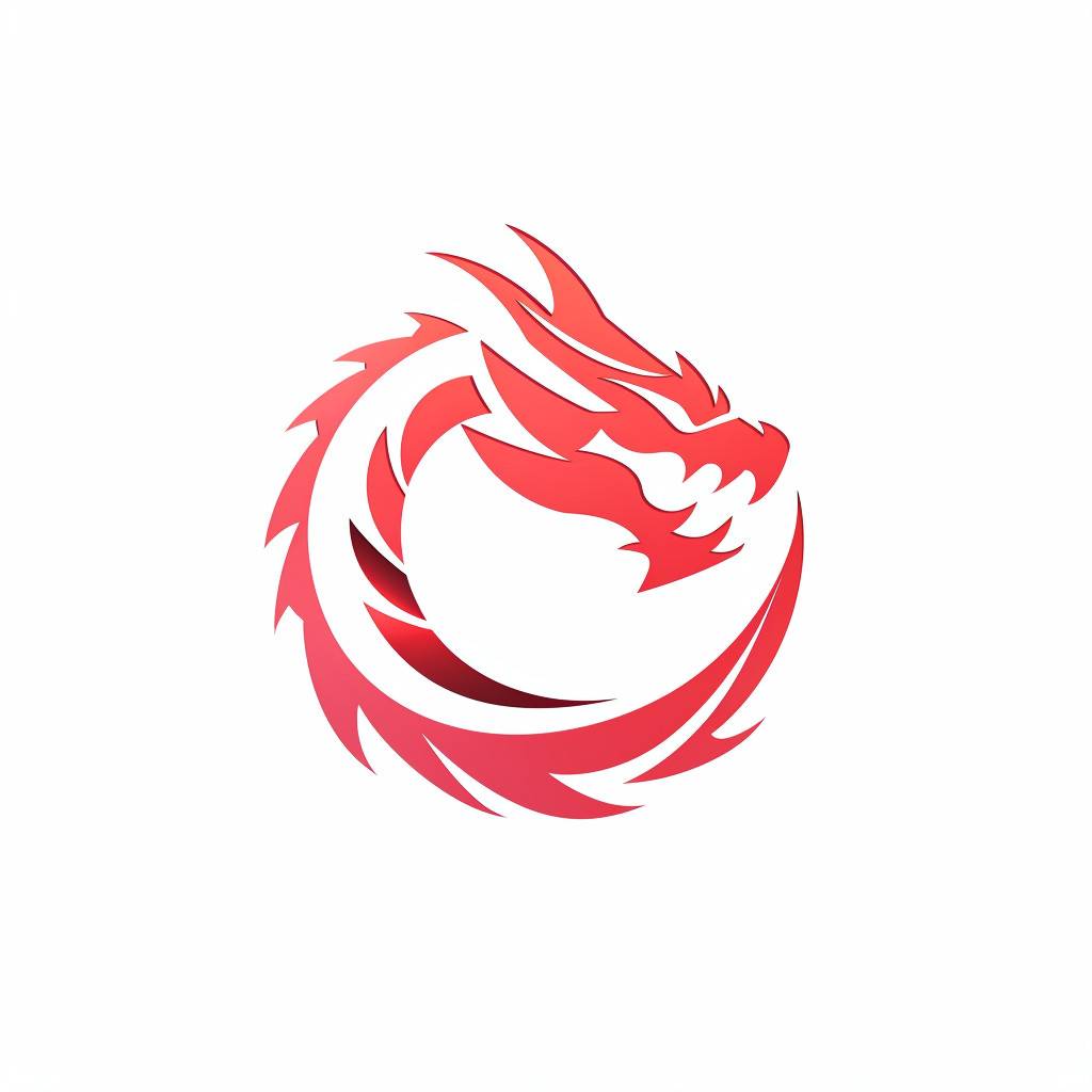 円形の白い背景に載っているドラゴンの頭のロゴ。軽い赤色、精密な線と形状が特徴で、アニメーションgif、レターボックス、負の空間を強調し、日本の要素を取り入れたハイストコアスタイル。