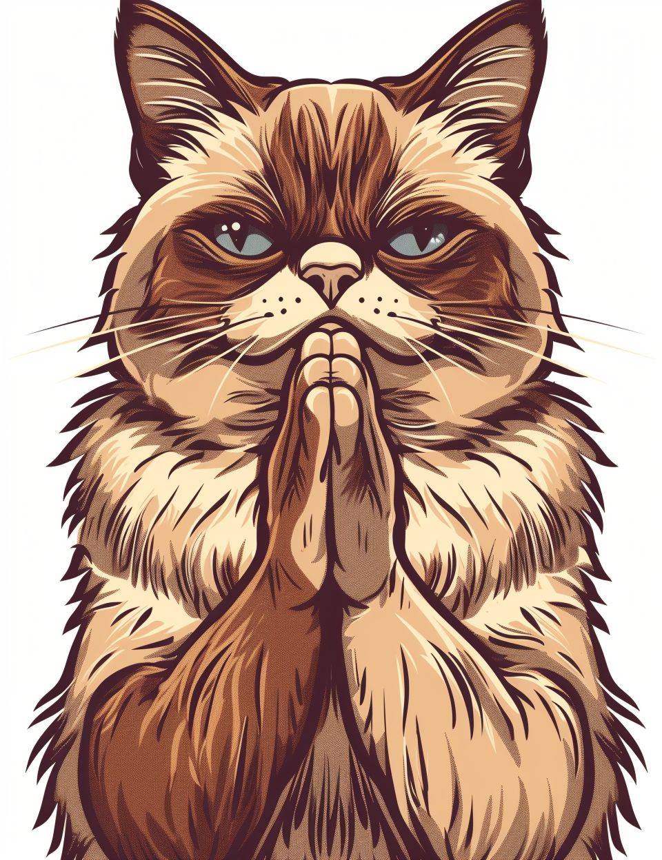 A grumpy cat with an insidious look, praying, plain transparent background, comic style