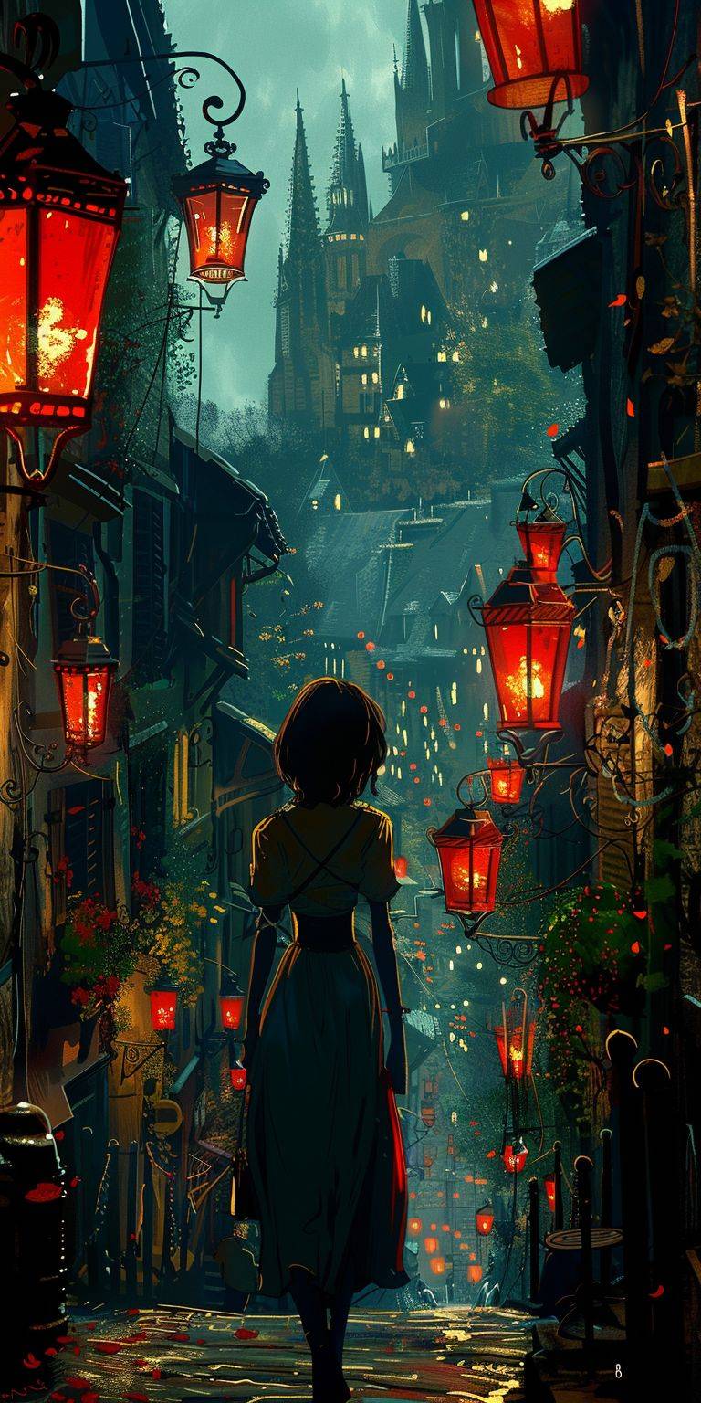 An illustration of a girl walking down a street, in the style of Disney animation, pre-World War II school of Paris, 32K UHD, red and emerald, character caricatures, mysterious backdrops, lively tableaus