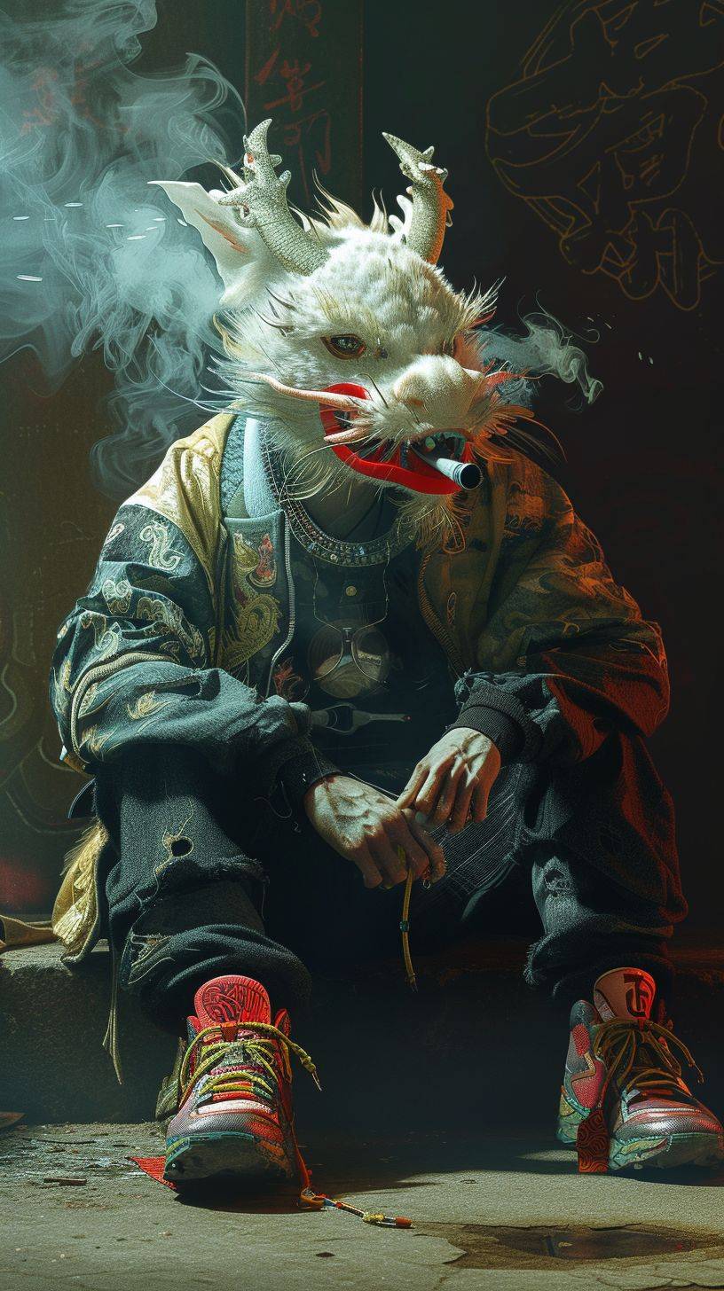 中国のドラゴンのリーダー、サイバーパンクスタイル、ドラゴンの口でタバコを吸いながら地面に座っており、おしゃれな靴を履いており、豊富でクリアな衣服を着ています。