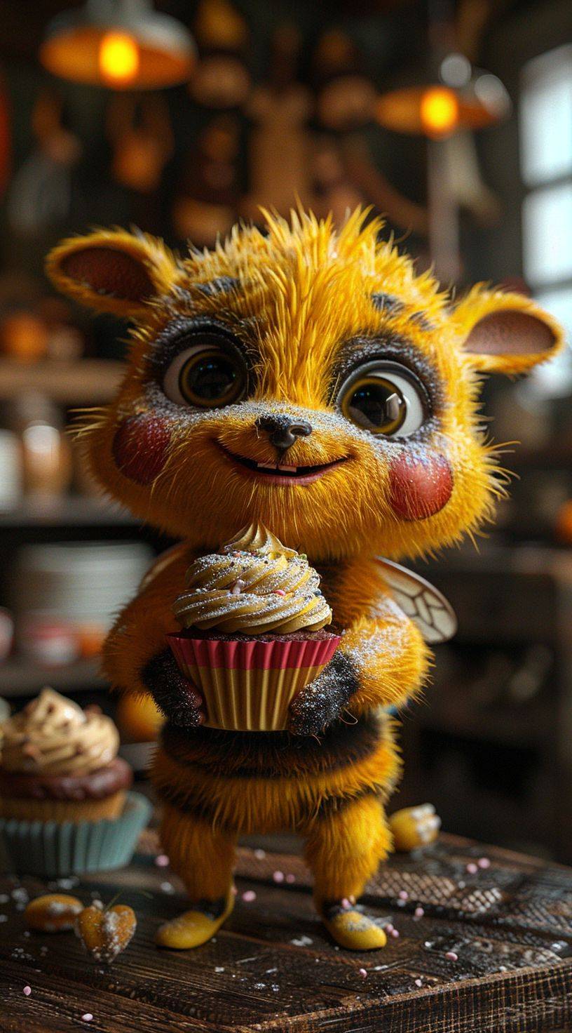 Create a 3D model of a cartoon bee in yellow outfit holding a cupcake, in the style of Ilya Kuvshinov, Seth MacFarlane, meticulous photorealistic still lifes, David Teniers the Younger, charming character illustrations, using screen tones, 32K UHD at the aspect ratio 71:128