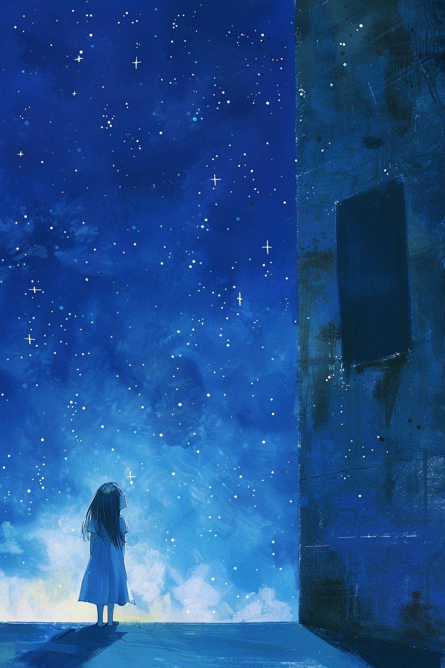 Miyazaki wallpapers, a girl looking up in the blue sky at night, stars, a light moving up | 2080x1080 | Aarte wallpapers, in the style of Miho Hirano, Wilfredo Lam, chilling creatures, light yellow and dark indigo, Theodor Kittelsen, digitally enhanced, Cinestill 50d --ar 2:3