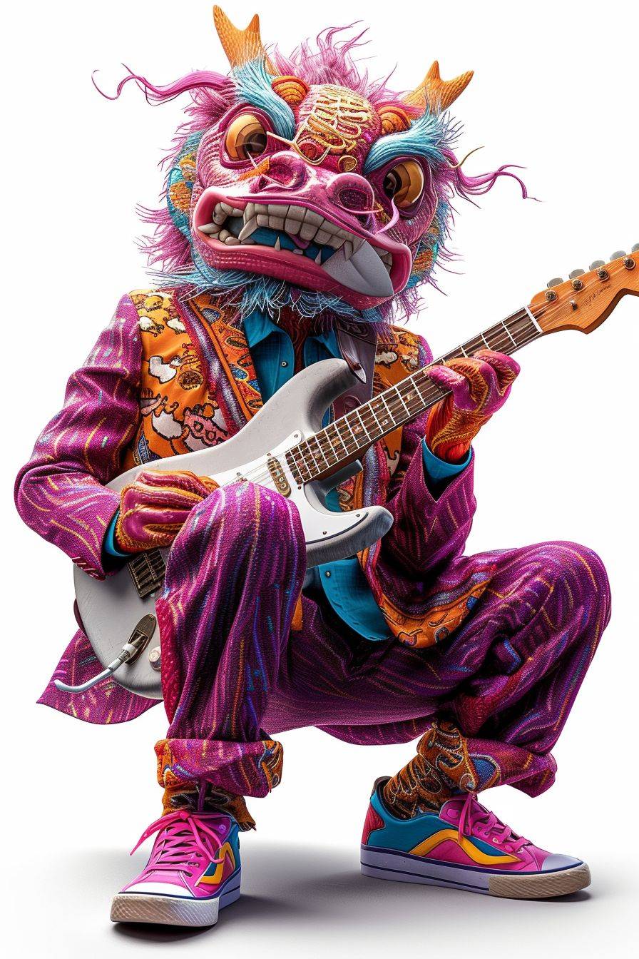 Character drawing on white background, a Chinese Dragon sitting playing music with a Guitar, wearing a purple suit with yellow stripes and pink sneakers, --chaos 5 --ar 2:3 --v 6 --stylize 250