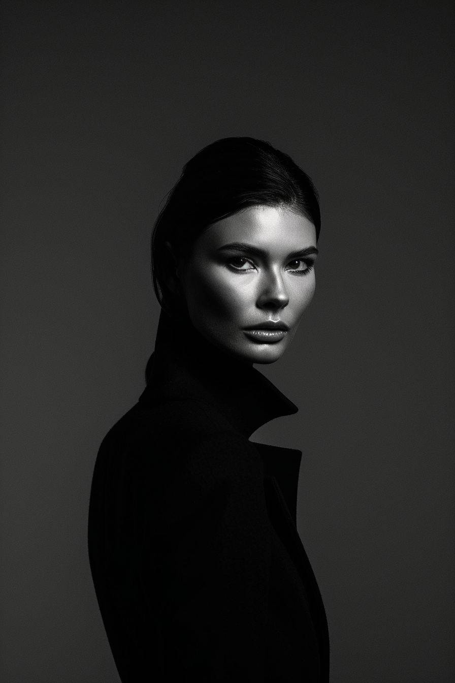 Silhouette portrait of a brunette woman with her hair tied back, wearing a modern long black high-end fashion jacket. She is looking at the camera against a minimalist dark background, giving the impression of posing for a fashion shoot for a magazine cover. The photograph has a film grain effect. Photographed by Darryl Richardson