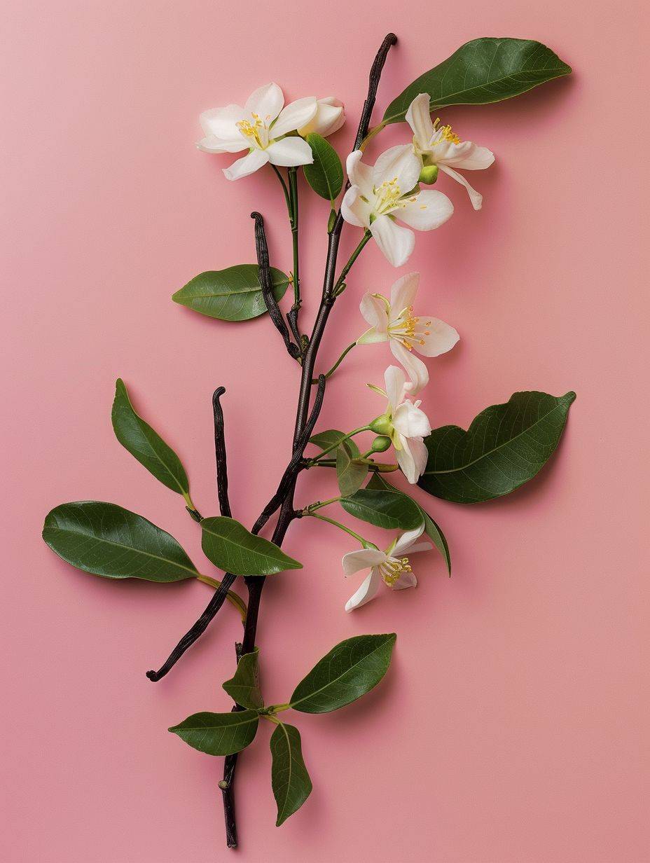 スタジオプロフェッショナル写真の立体異性体、現場ジャスミンの花、ピンクの背景に小さなバニラの花、写実主義