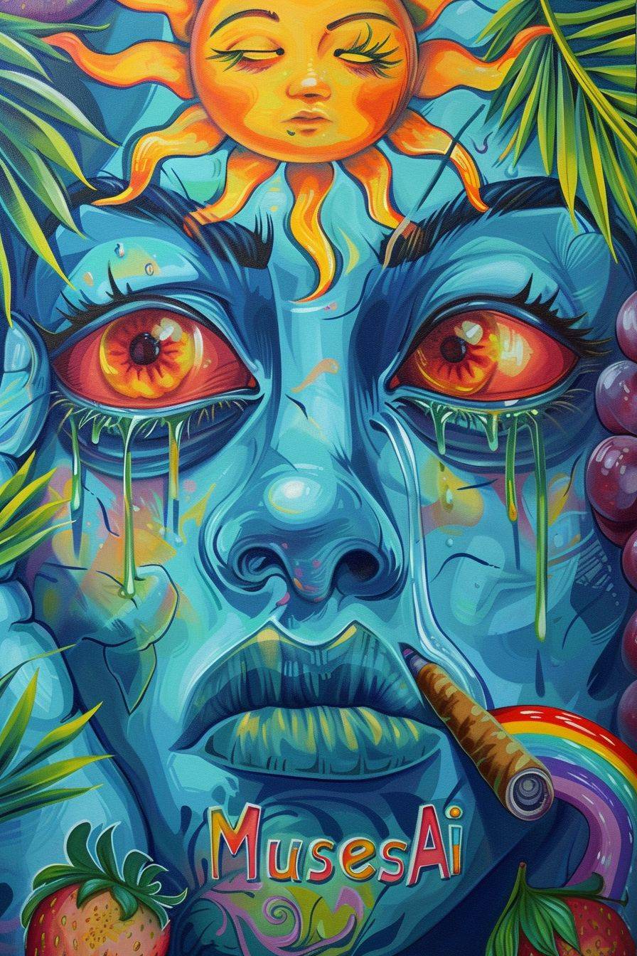青いカートゥーンの疲れた顔が赤い疲れた目をしてタバコを吸っていて、角には太陽があり、底部には果物があり、カートゥーンの虹色の文字が書かれています。“MusesAi”とあります。顔は全体の画像サイズを取ります。