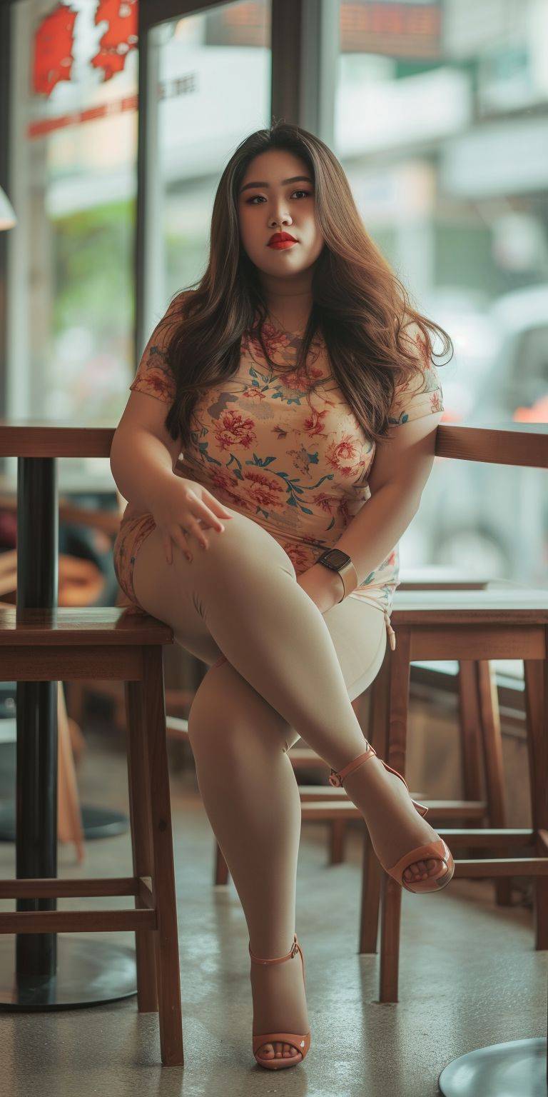 アジアのぽっちゃり美女が花柄のTシャツとレギンスを着用し、ハイヒールを履いて喫茶店で座っています。フルフィギュアの実写写真