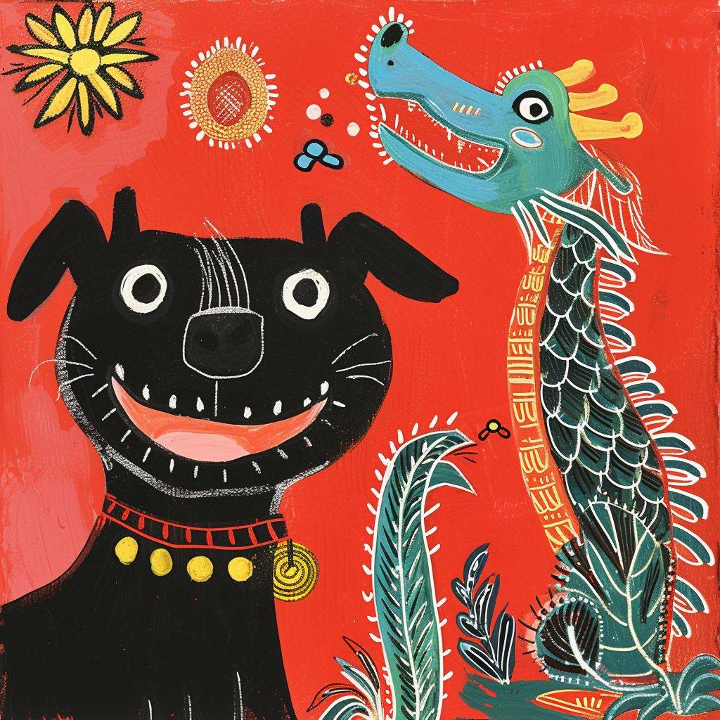 Risograph printing, A cheerful black dog and a very cute Chinese dragon, by Maud Lewis, lively and funny, abstract simple lines, illustration, Picasso, Multi-color, advanced color matching, red background, 18k