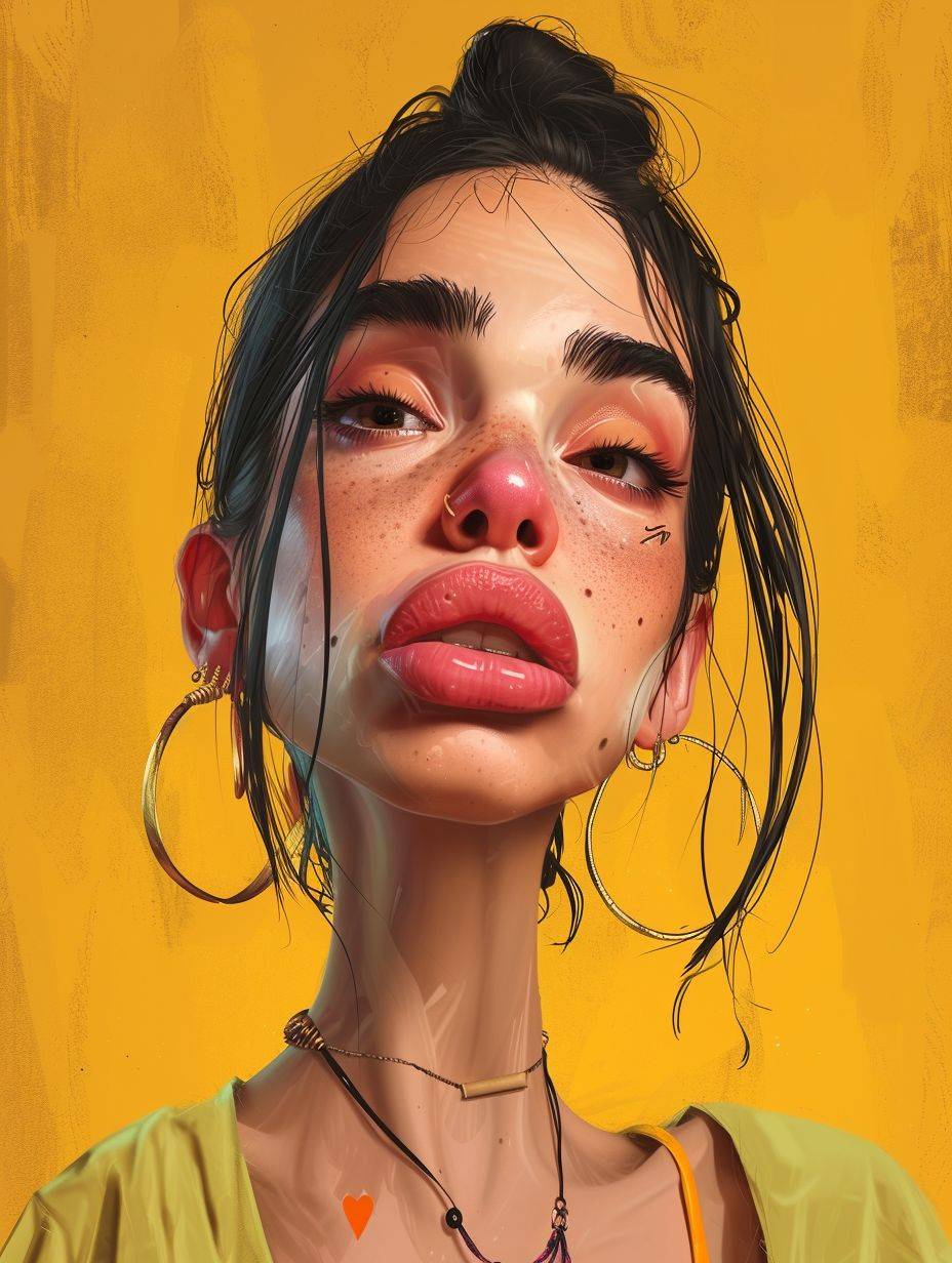 a comically exaggerated portrait of a [Dua lipa], highlighting humorous and quirky features. Embrace caricature-like elements and playful exaggeration to bring out the humor in the subject's appearance - v 6.0 - s 50 - style raw --ar 3:4 --v 6