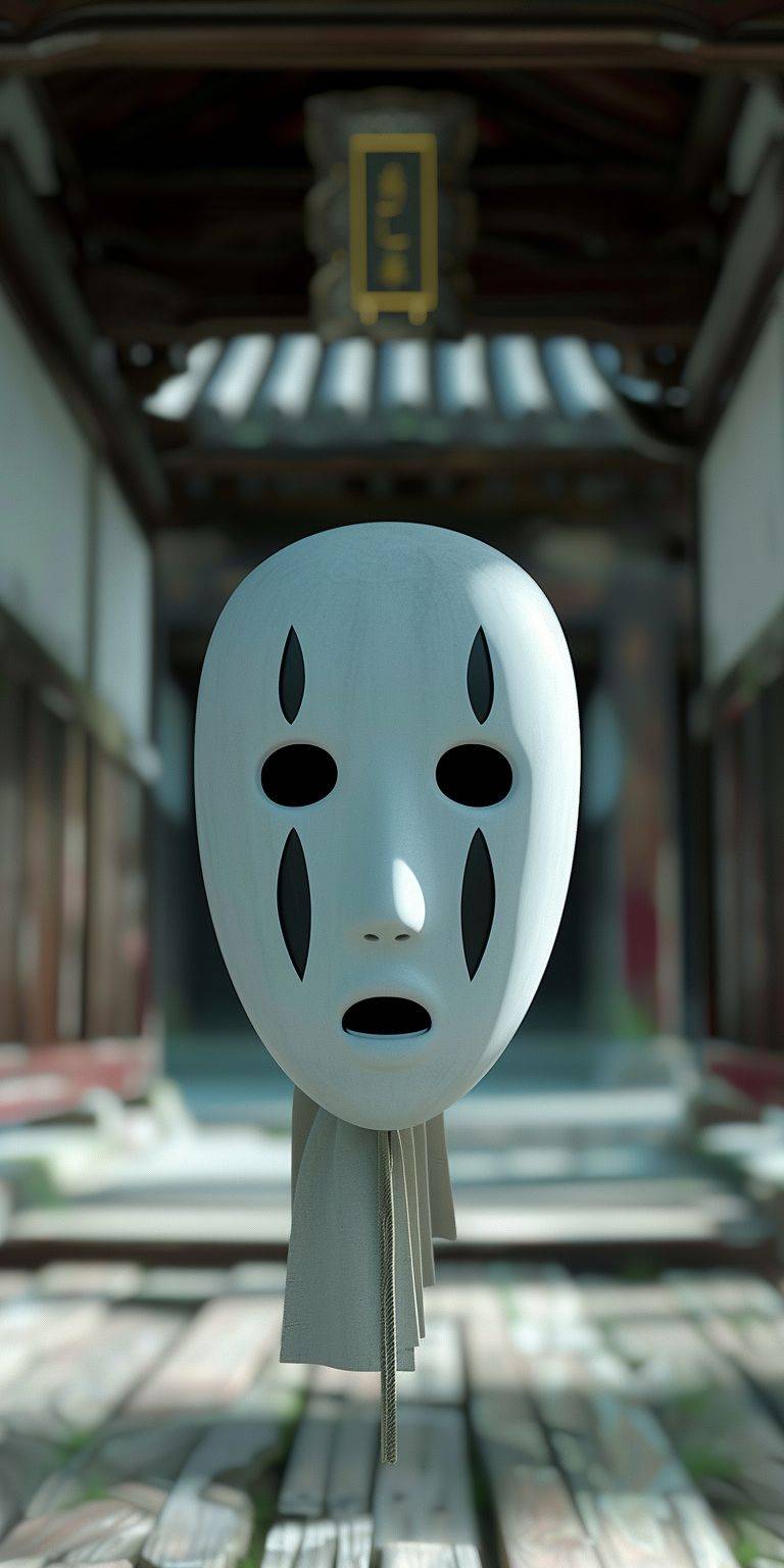 Their faces are white and expressionless, and their eyes and mouths are represented by black dots. They rarely speak and express their emotions mainly through their movements and postures. Spirited Away Looking Front, Kaonashi, Background Shrine, 3D, V-ray