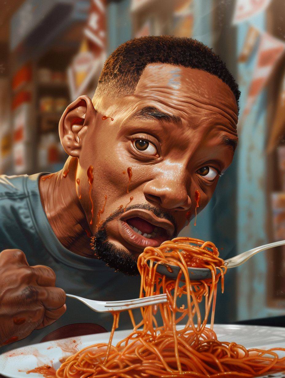 Will Smith eating messy spaghetti with tomato sauce, illustration by Hergé, perfect coloring, 8K