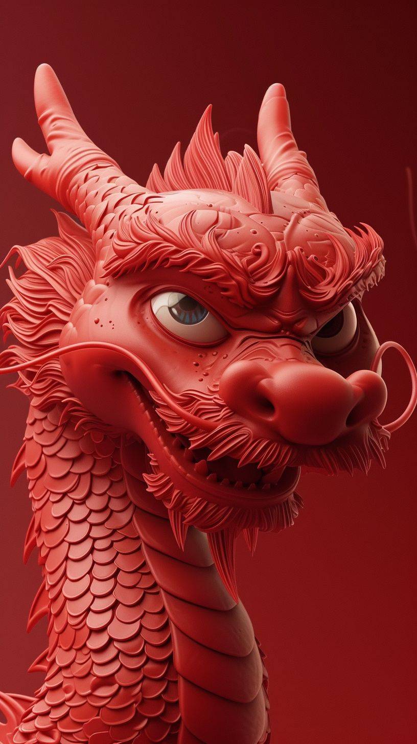 Red Chinese dragon, Disney animation characters by Zaha Yun, red background, Disney style, Alejandro Jodorowsky, movie poster, Zbrush, minimalism, close-up, two dimensional, twisted characters