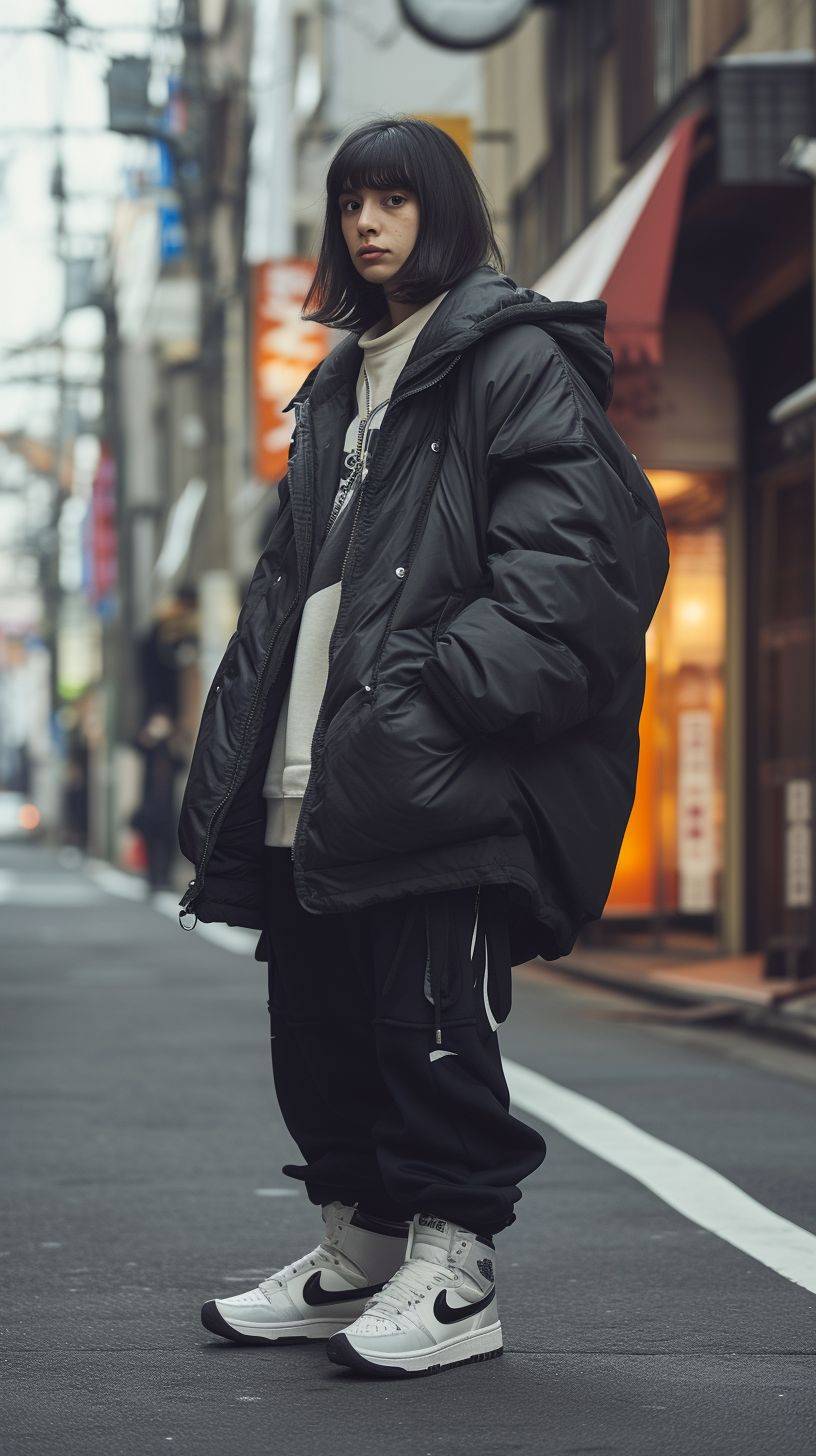A 27-year-old woman with dark bob hair stands on the street of Tokyo in branded luxury clothing, the woman looks into the camera. Nike sneakers on feet