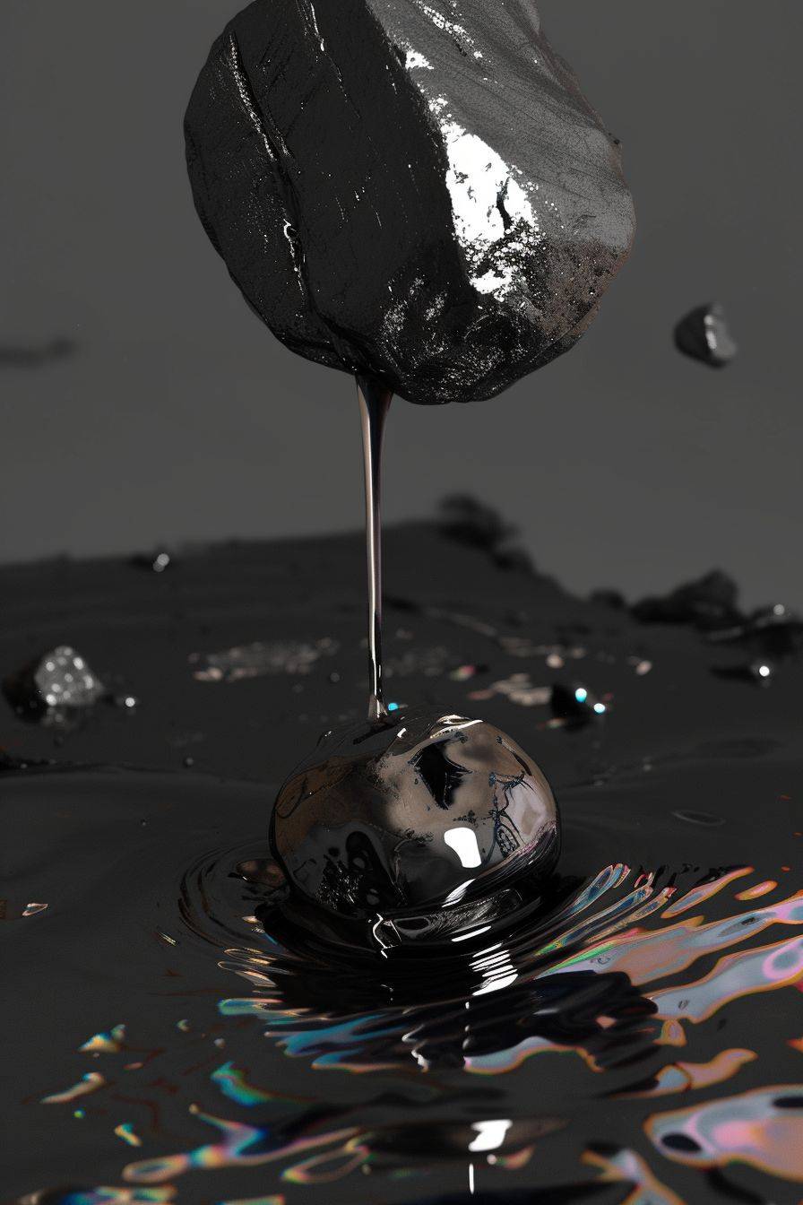 Liquid holographic vivid silver leaking from the stone, balance::2 dark grey olive cracked stone floating in the air, liquid holographic vivid silver leaking from the stone, in the style of vray, trace monotone, black, in the style of installation, 2:3 aspect ratio, velocity 6.0, contrast 5