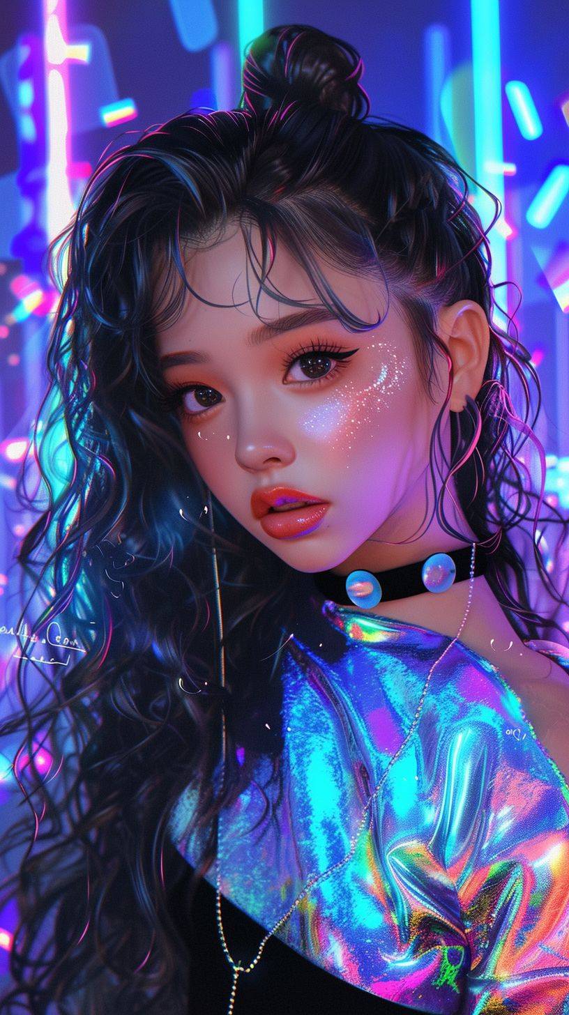 K-pop girl, wearing a chubby bodysuit, anime waifu, looking at viewer, highly detailed, Gel coat, reflections transparent iridescent colors, long transparent iridescent RGB hair, art by Serafleur from artstation, thick acrylic, illustration on pixiv, waist up portrait, gorgeous sacred girl, best quality, ultra detailed, sad, clever, beautiful face beautiful light on black background