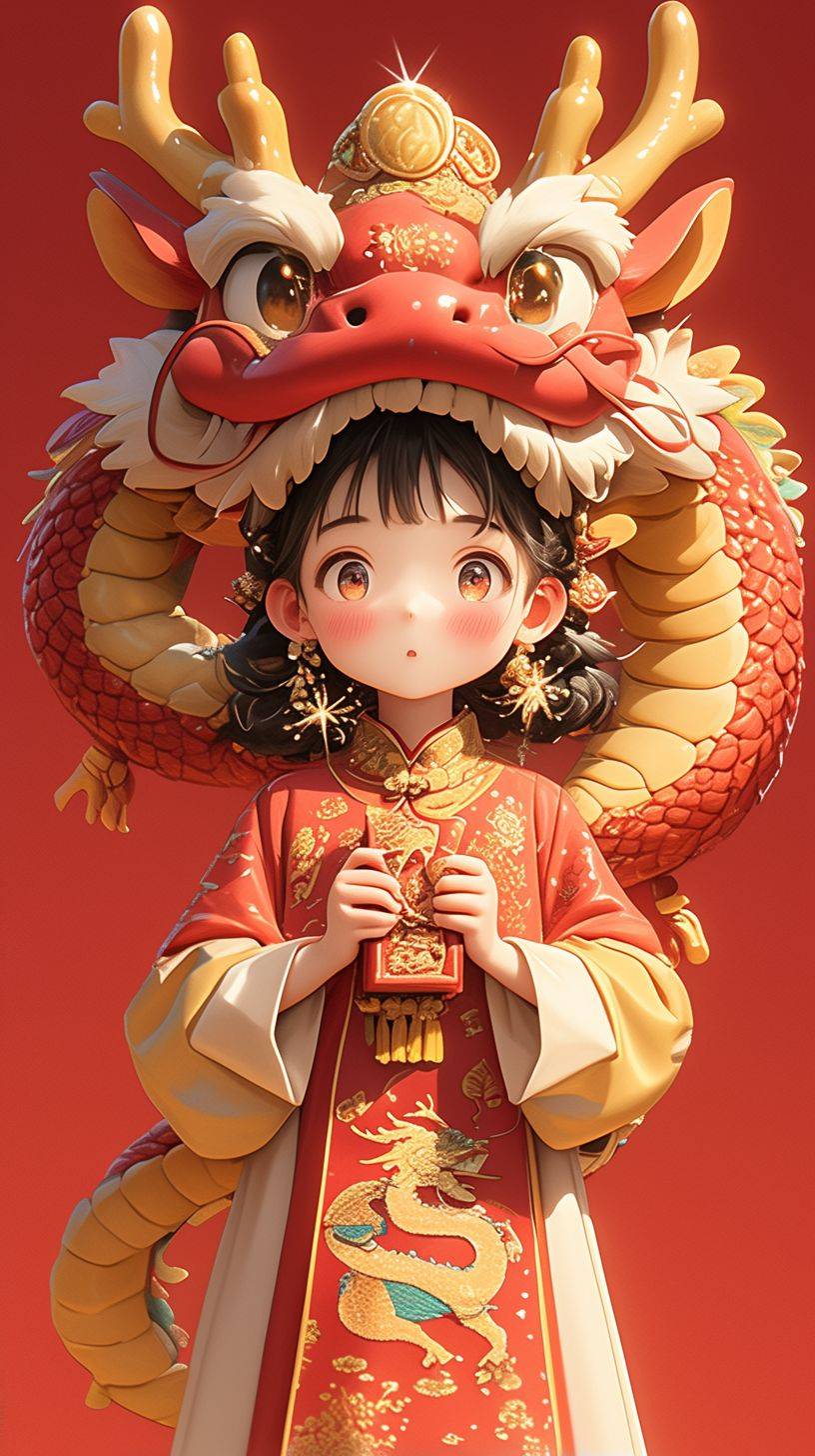 Disney style, a cute six-year-old girl holding a red dragon, wearing dragon hoods, clothes embroidered with auspicious dragon patterns and decorations, full body shot, gold coins, red background, blind box toys, sparkling, Happiness, positivity, red background featuring cartoon character decorated in traditional red and gold colors symbolizing prosperity and good luck, studio lighting, HD, ultra-detailed, 32k --ar 9:16 --niji 6 --stylize 750