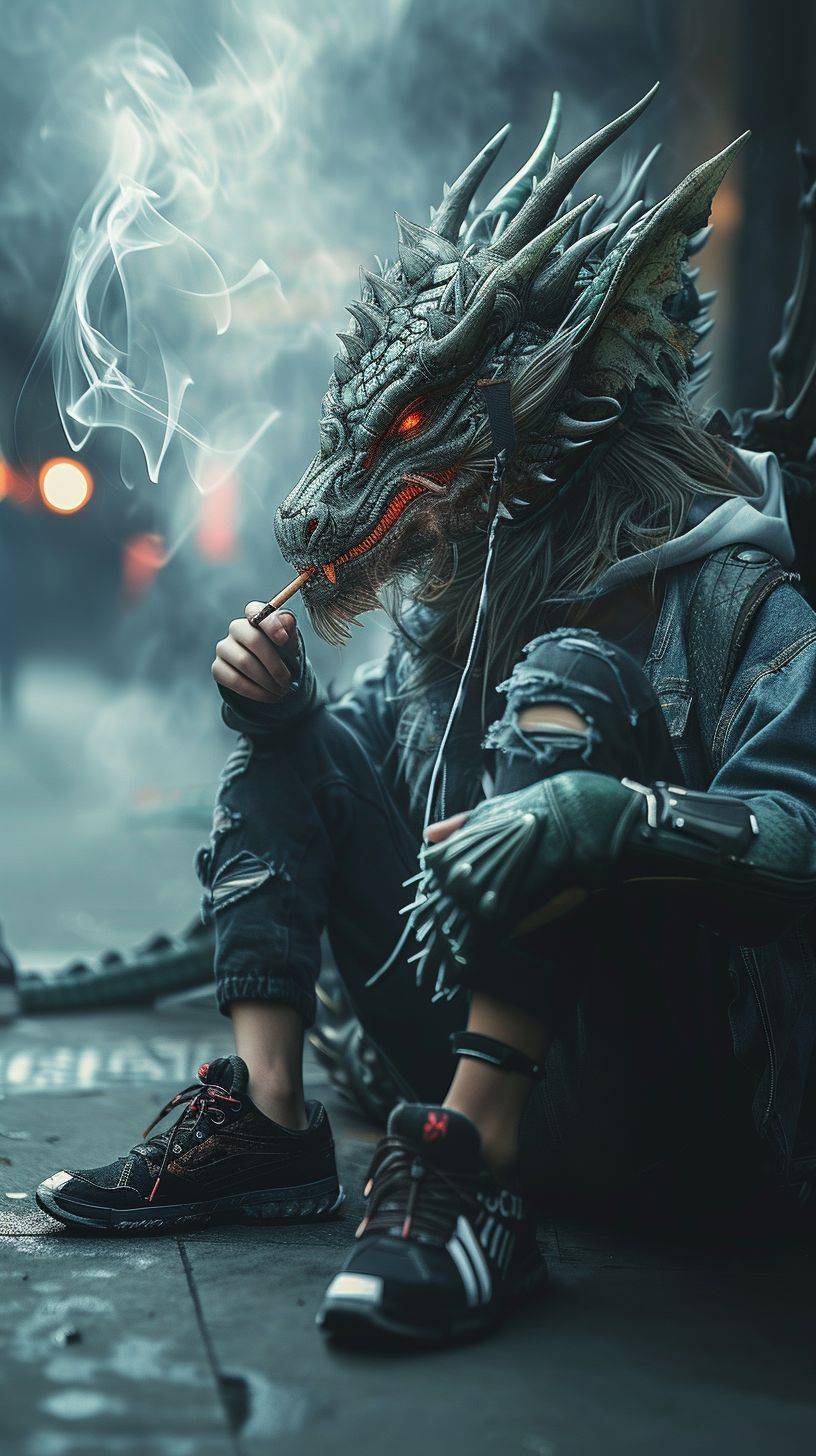 The leading figure of the Chinese dragon, cyberpunk style, is smoking with a dragon mouth, sitting on the ground wearing trendy shoes, with rich details and clear clothing.