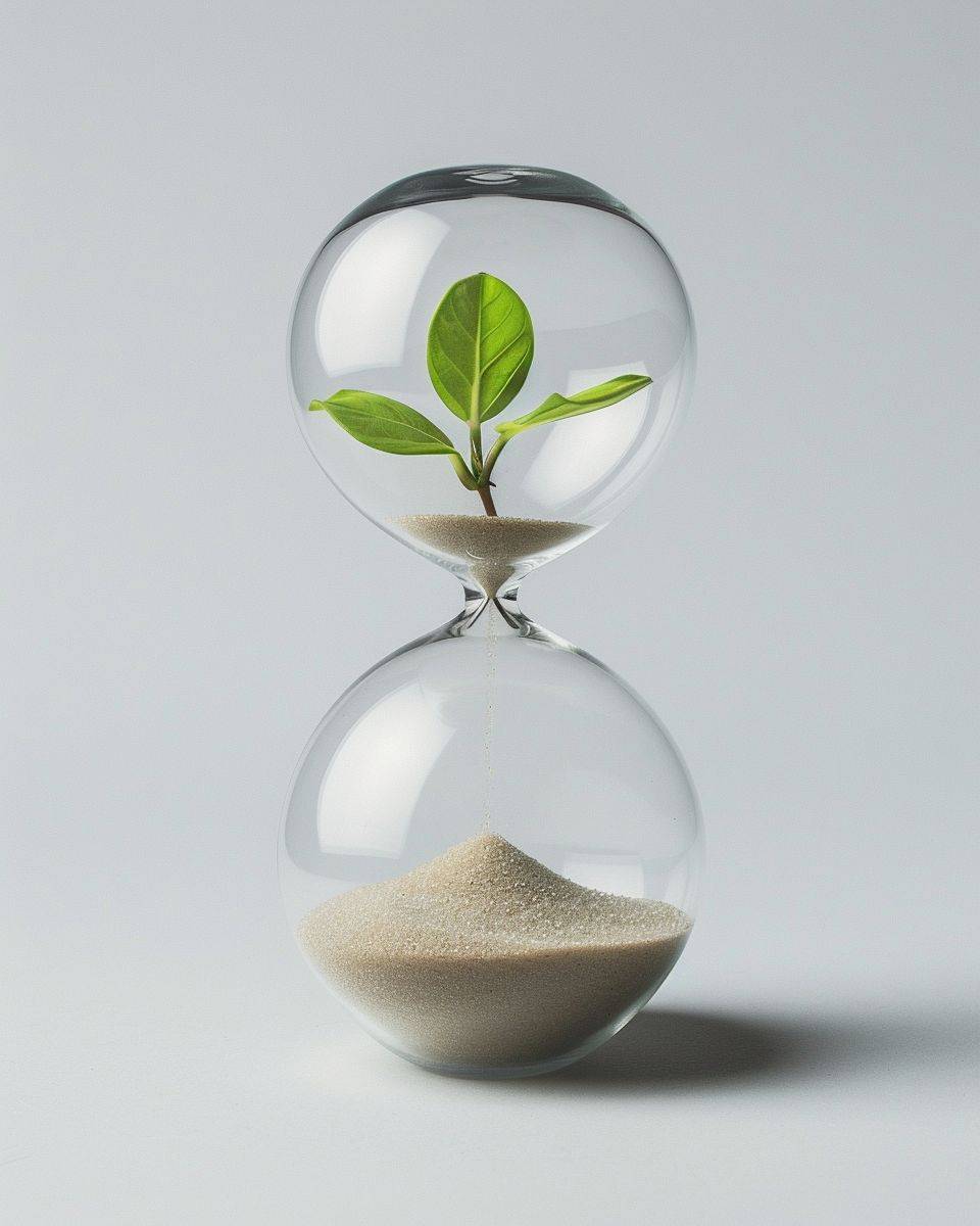 A close-up studio photograph of an hourglass on a white background, with a bud growing in the upper sand inside the hourglass.