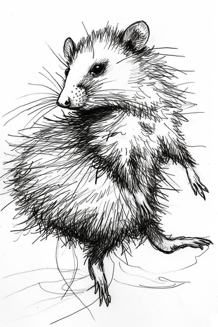 an opossum twirling in a tutu, cartoony, illustration, pen and ink sketch