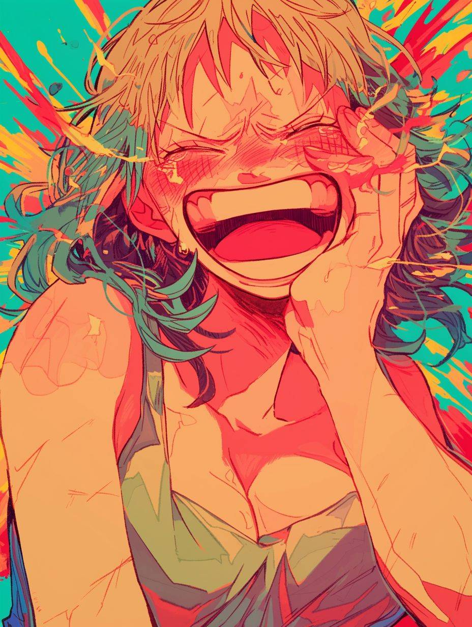 One Piece, Scott Pilgrim style, laughing expression, explosive background