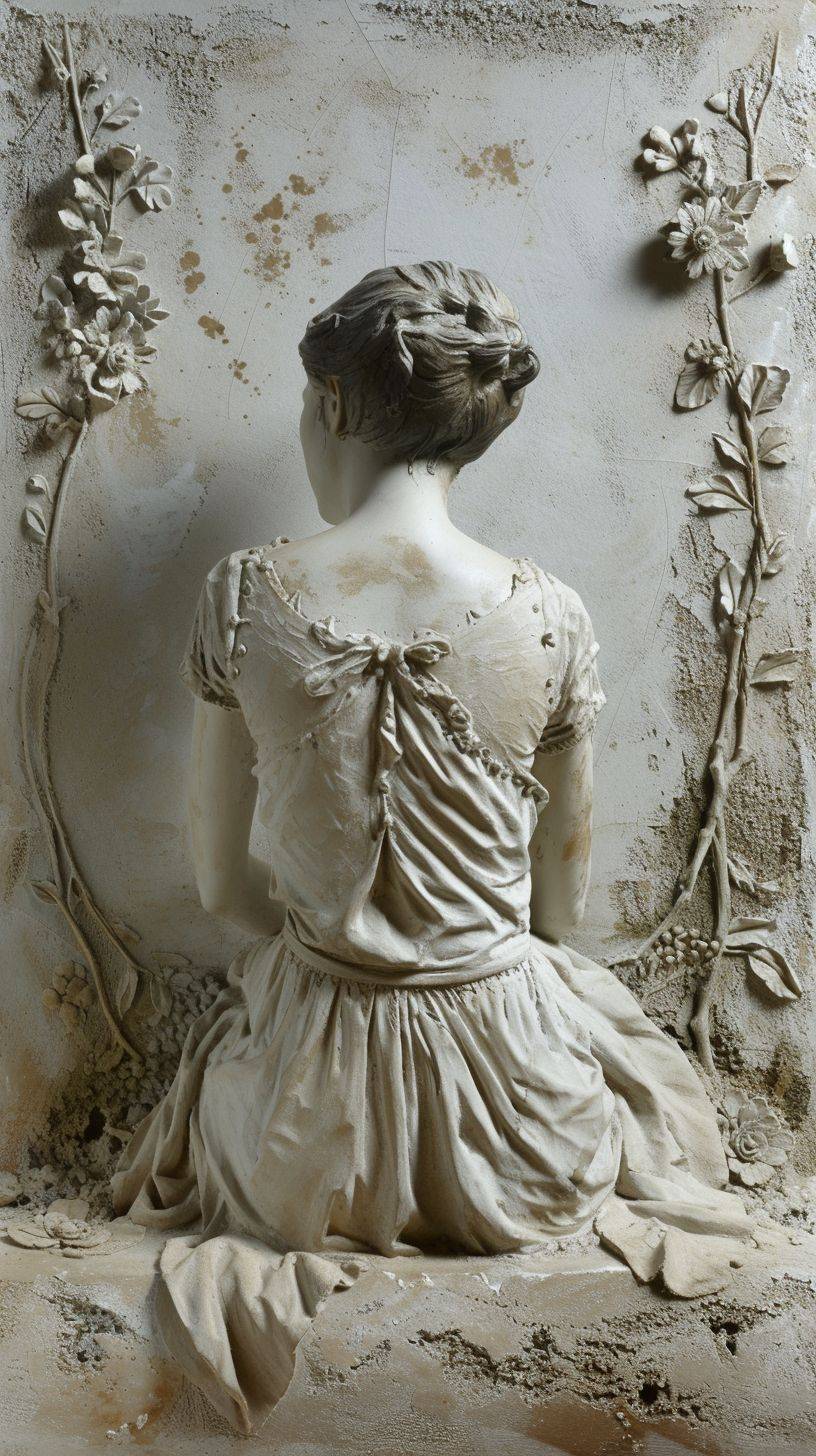 bas-relief, gypsum, beautiful girl sitting view from the back