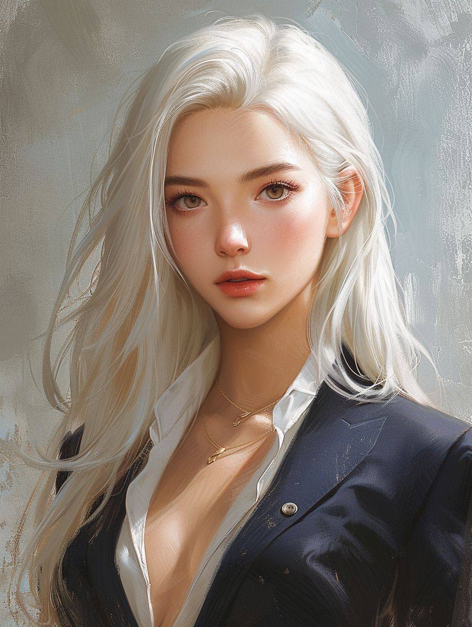 A beautiful Chinese girl with comb-over hair in white, ultra-detailed and high-resolution, in her teenage years with platinum blonde hair, wearing a suit, in a digital painting, for an album cover illustration.