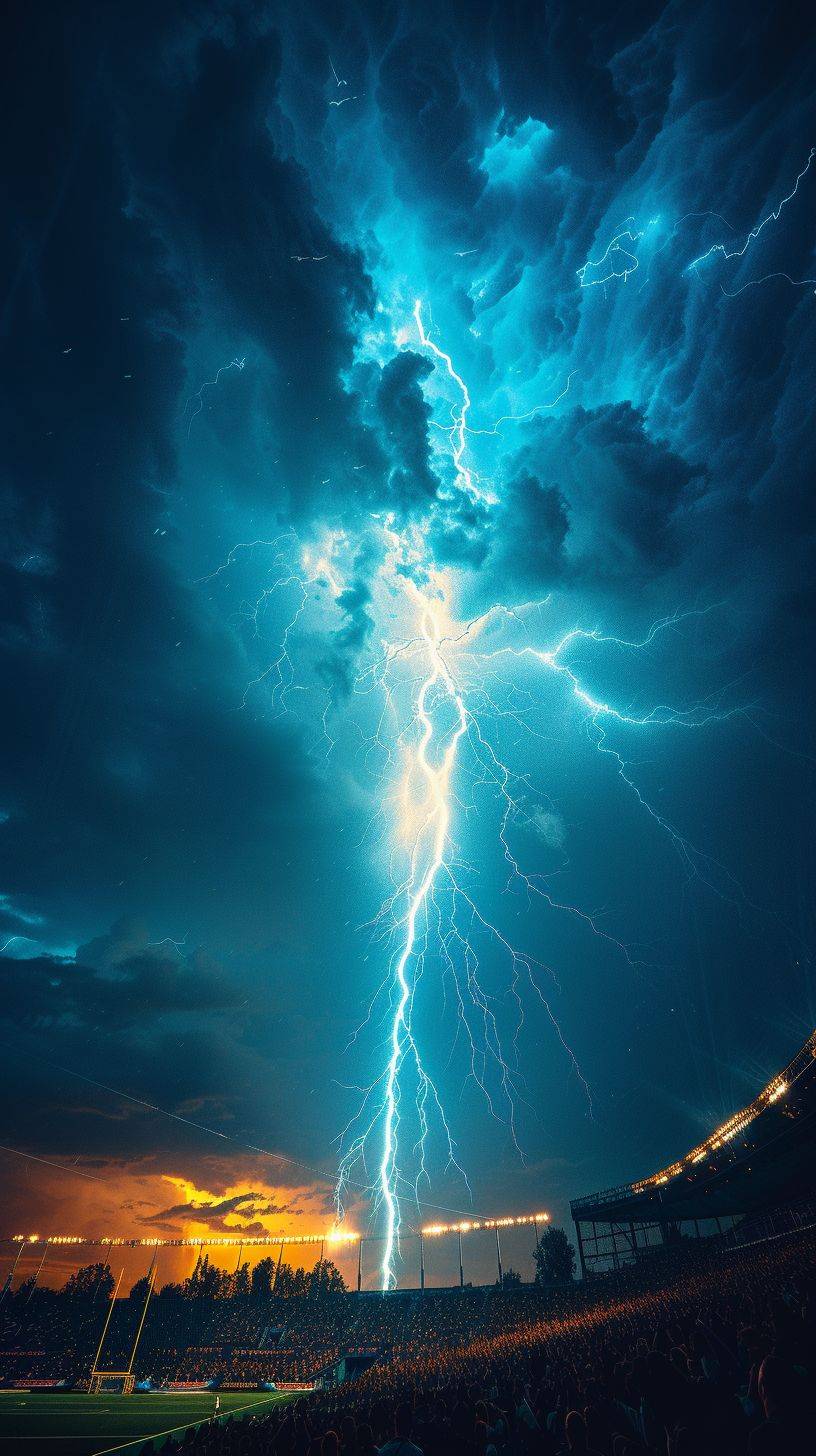 Highly realistic photography: A lightning bolt falls from the sky onto the football soccer stadium