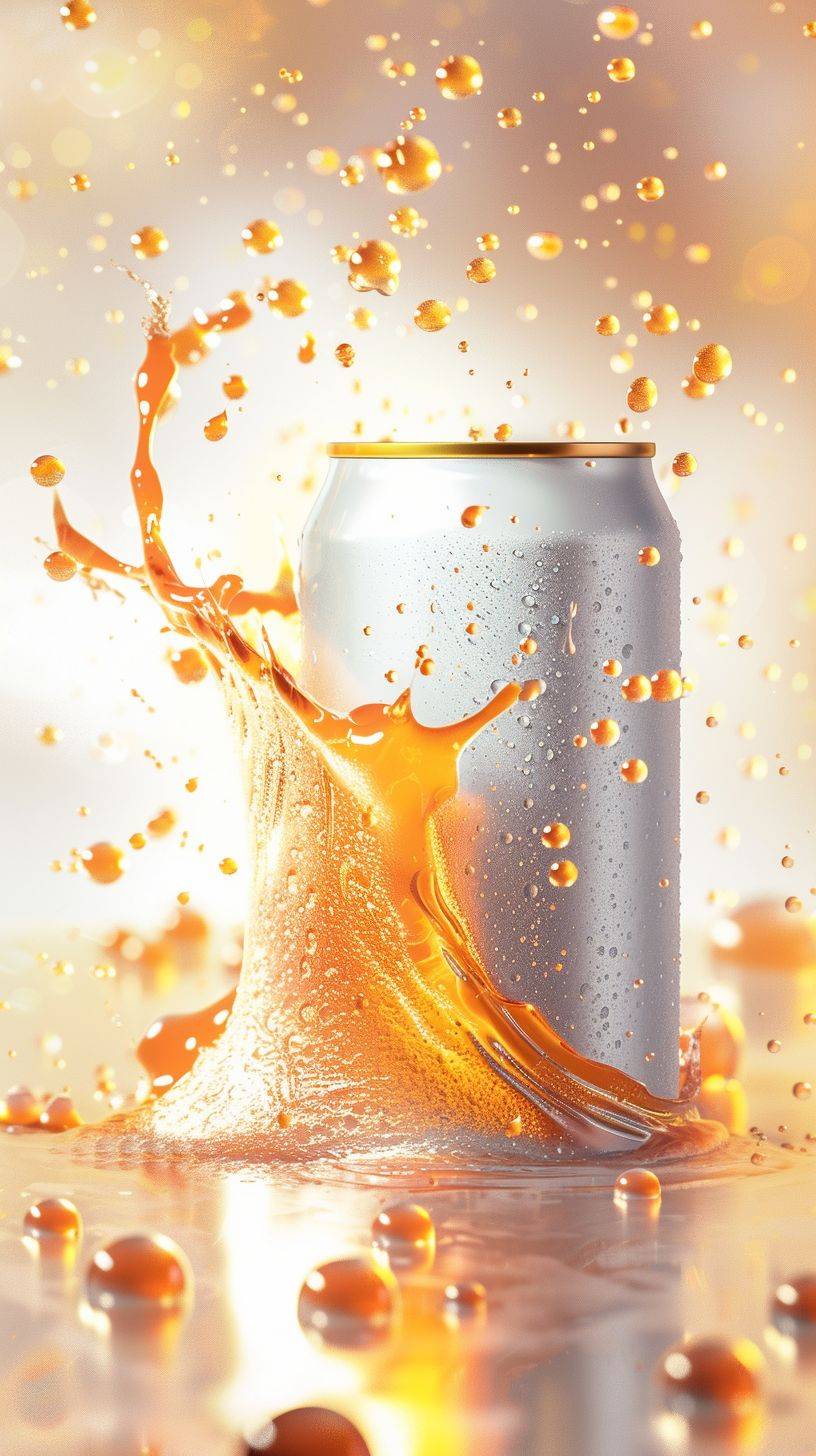 Matte white 330ml aluminium can of functional spritz beverage, bronze gold lid, orange and yellow vibes, suspended in a frosted liquid like substance, neon colours, retro, 90s look, beads of liquid flowing, bright contrasting light, dynamic, frosted, hyper realistic, 50mm lens