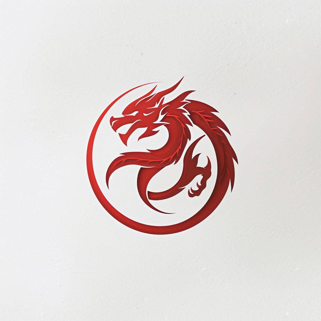 Dragon head logo in circular shape on a white background, featuring light red, precise lines and shapes, animated GIFs, letterboxing, strong emphasis on negative space, Japanese-inspired, heistcore