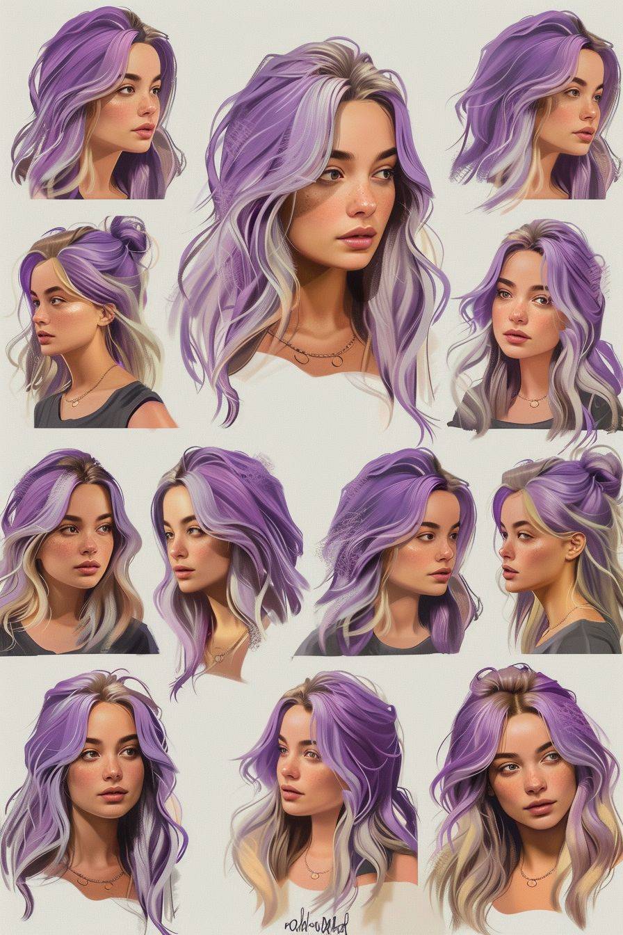 A female character (modern blond-purple hair pretty woman in her 30s) in many different poses, in the style of photorealistic, eerily realistic, realistic like life, light indigo and dark gold, realistic hyper-detail, Instagramcore--exclude CGI, digital illustration--ar 85:128 --v 6