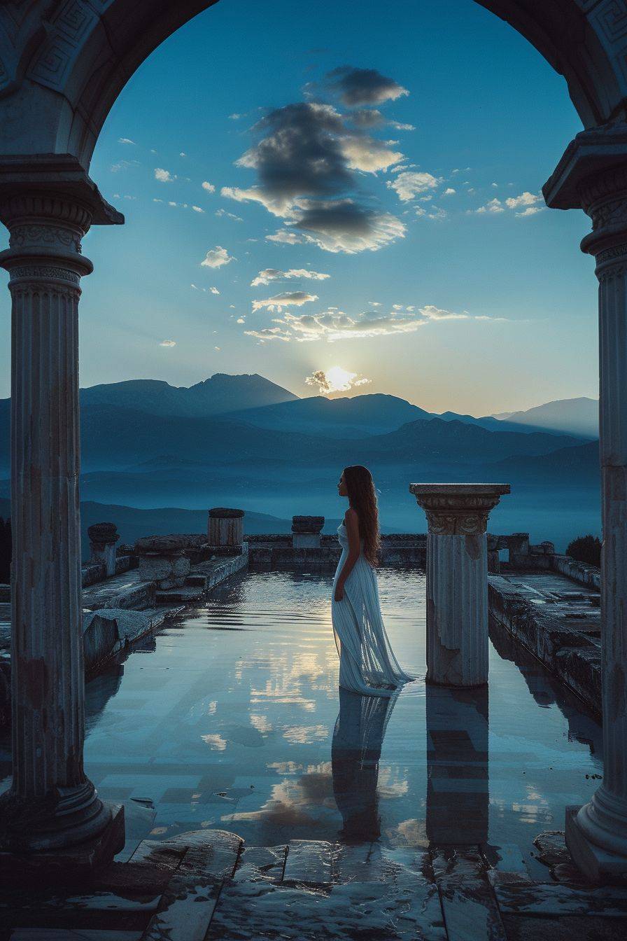 A full body view of the beautiful Greek princess in an ancient Greek monumental pool with a view of the mountains in the distance, at the early morning light, dramatic moody scene, blue cinematic tone, dramatic and stunning award-winning photo, dramatic linear delicacy, hyper-realistic skin, global illumination, very natural features, TIME cover photo, blue cinematic tone, dreamy atmosphere, shot on Hasselblad, highly realistic, photography, depth of field, extremely detailed, ultra sharp.