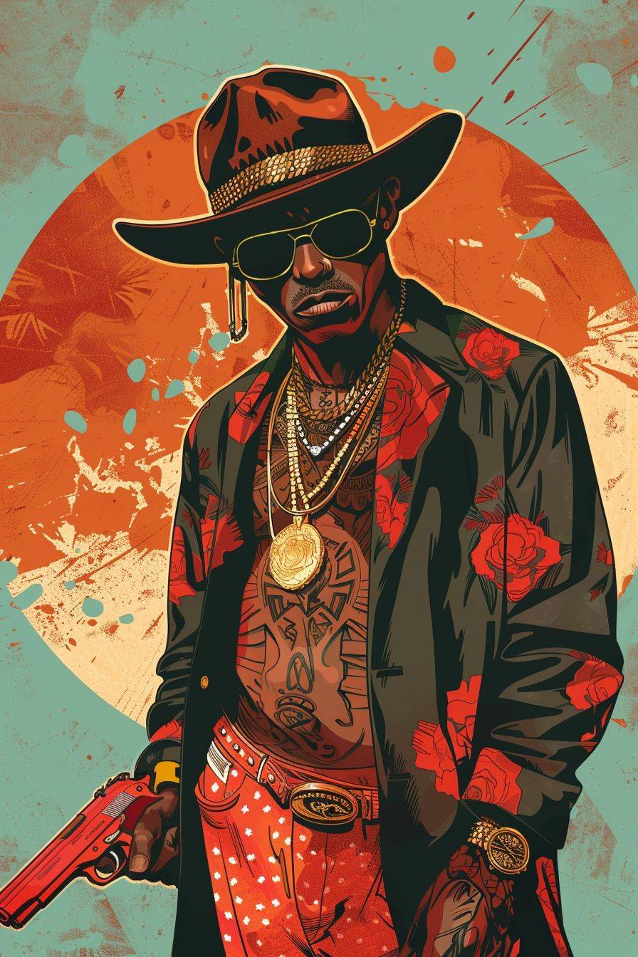 Create an illustration of a rap gangster inspired by the Mexican game Loteria