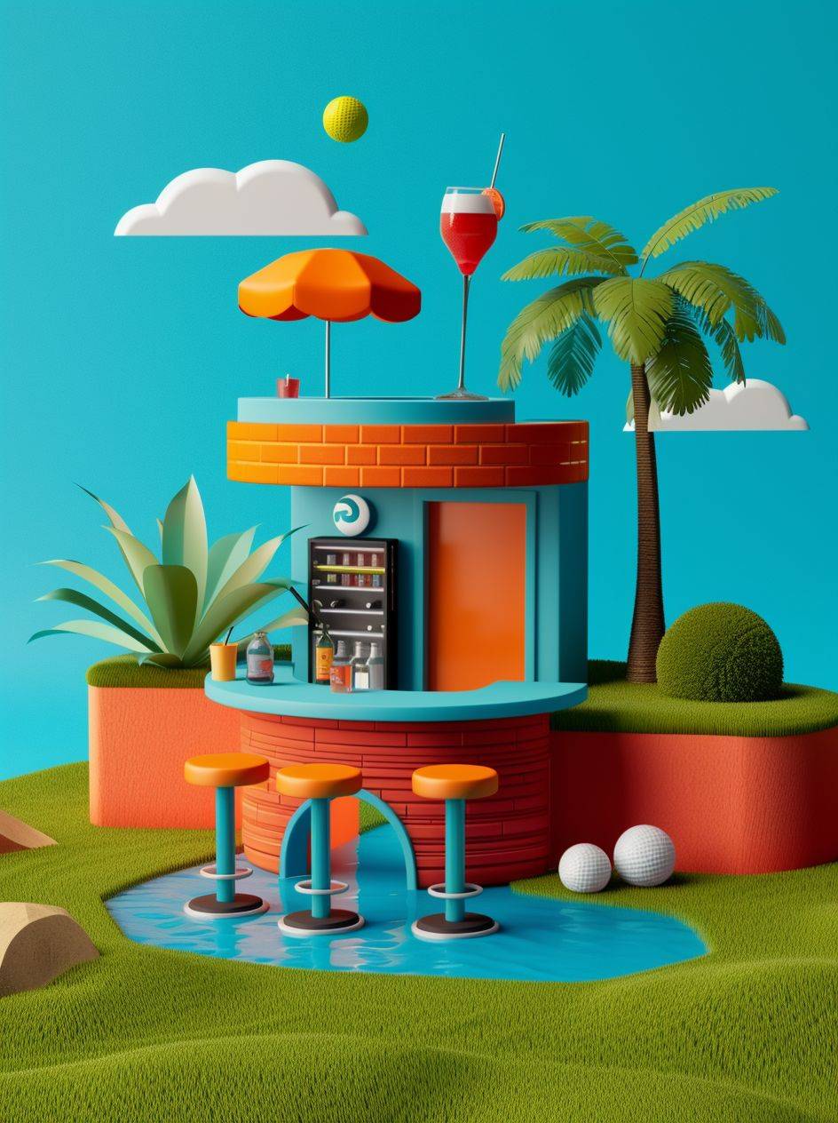 A miniature bar located on top of a golf hole, in a cartoon style, with bold colors
