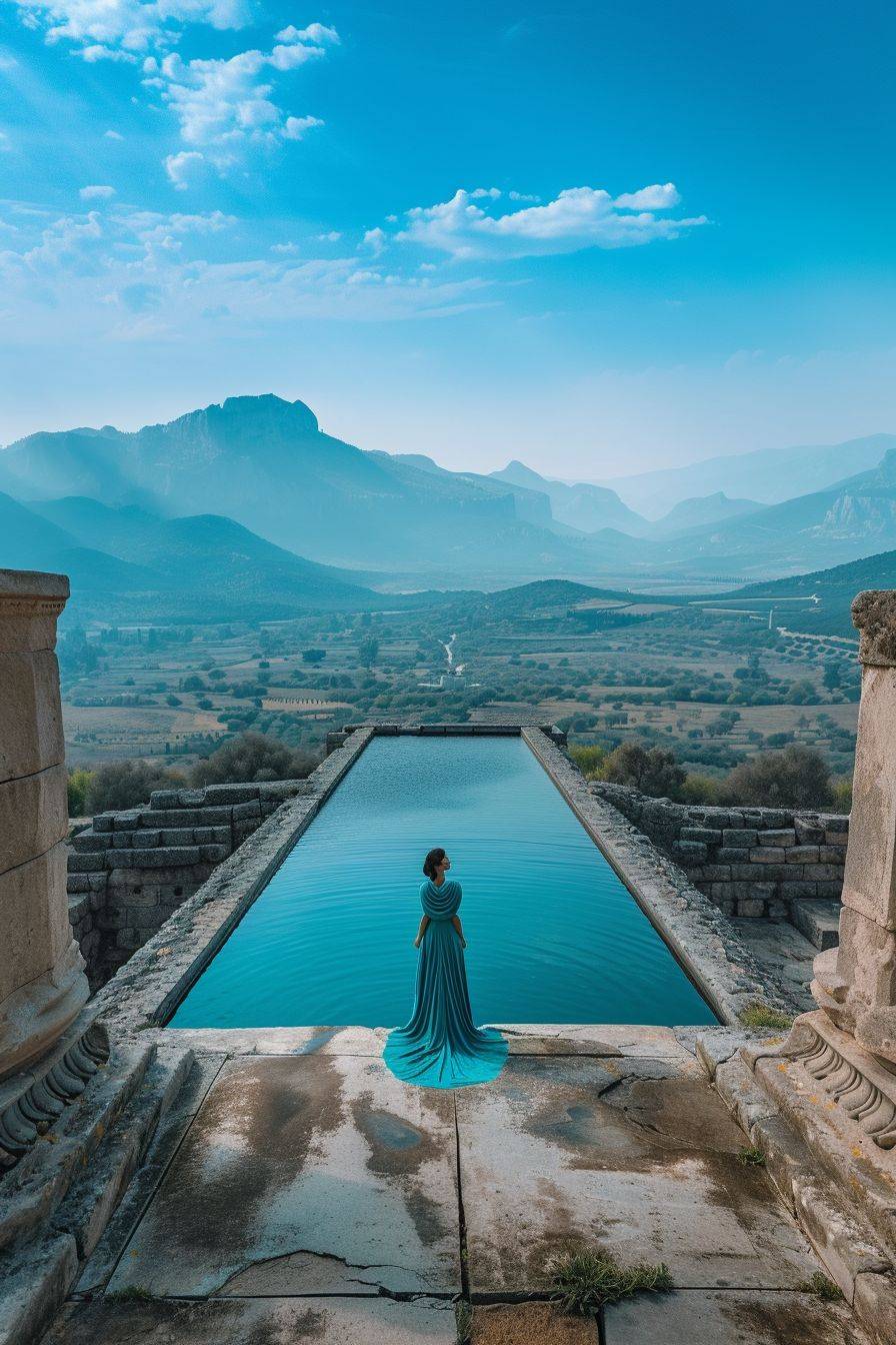 A full body view of the beautiful Greek princess in an ancient Greek monumental pool with a view of the mountains in the distance, at the early morning light, dramatic moody scene, blue cinematic tone, dramatic and stunning award-winning photo, dramatic linear delicacy, hyper-realistic skin, global illumination, very natural features, TIME cover photo, blue cinematic tone, dreamy atmosphere, shot on Hasselblad, highly realistic, photography, depth of field, extremely detailed, ultra sharp.