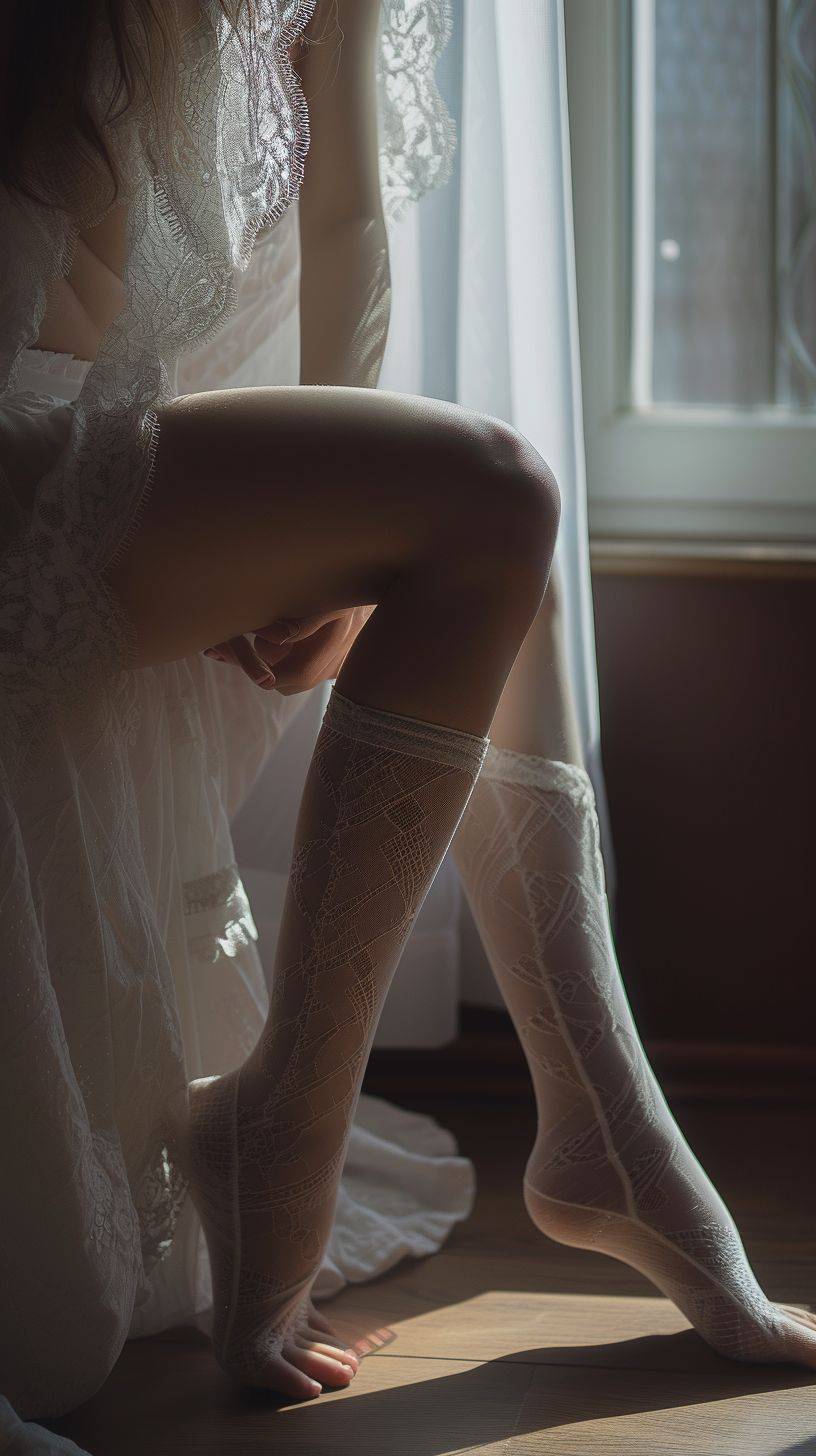 Close-up shots of legs wearing stockings, authentic photographic works.