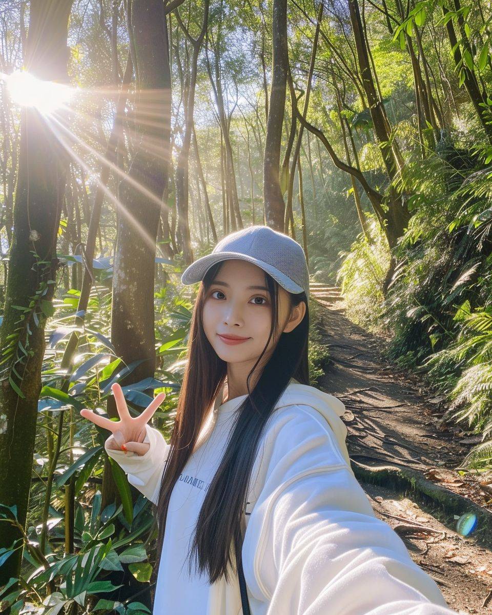 TWICEのツウィに似ている女の子が、iPhone15で撮影した自撮り写真を撮っています。正面撮影で、ややふくよかな体型で、白いスウェットとデニムの野球帽を被り、ロングストレートの黒い髪の毛で、右手で勝利のサインをして、台湾のアリ山の森林小道にいて、熱帯高山の木々が生い茂り、葉の隙間から差し込む陽光が明るく、均一で柔らかい光に包まれています。