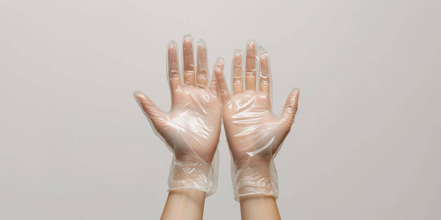 Girl's hand, wearing disposable gloves, transparent gloves, thick (hands are more than love), pure white background, extremely exquisite, details, photographic grade