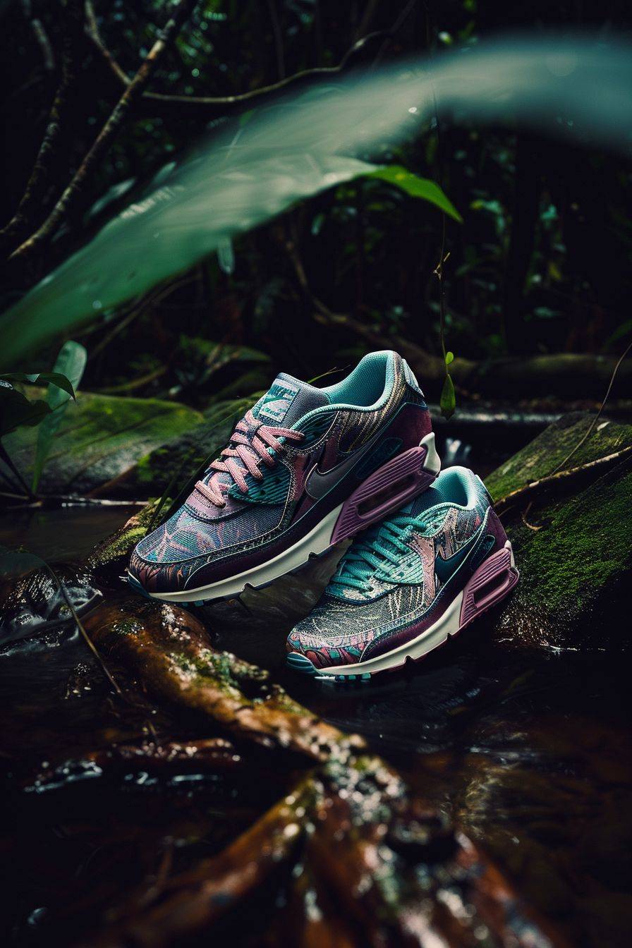 Creative product shot of a pair of custom Nike Air Max 90s inspired by ayahuasca, shot location is the Amazon Jungle. Shot on Fujifilm Superia, style raw, aspect ratio 2:3, aperture value 6.