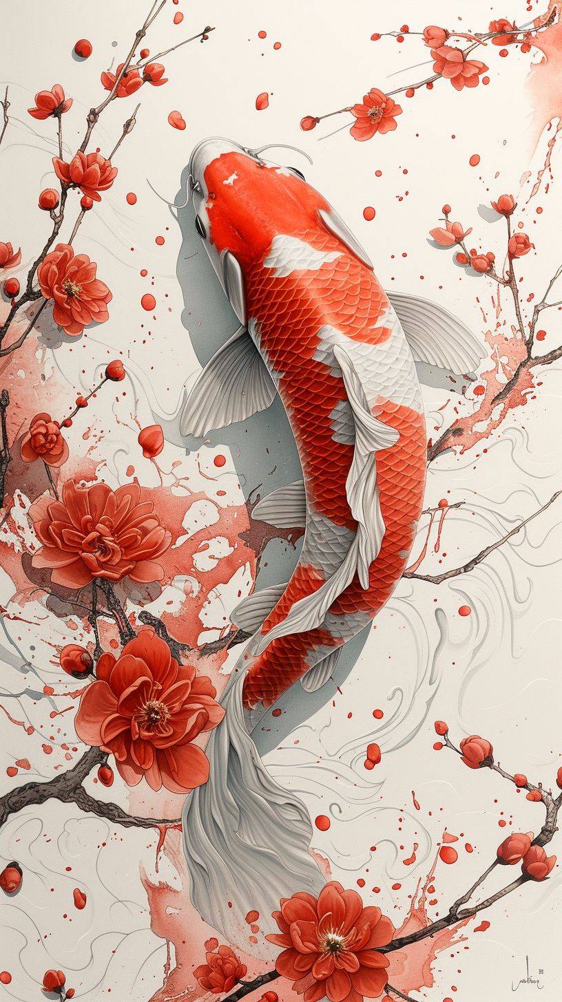 中国の赤と白の水彩画、鯉と花