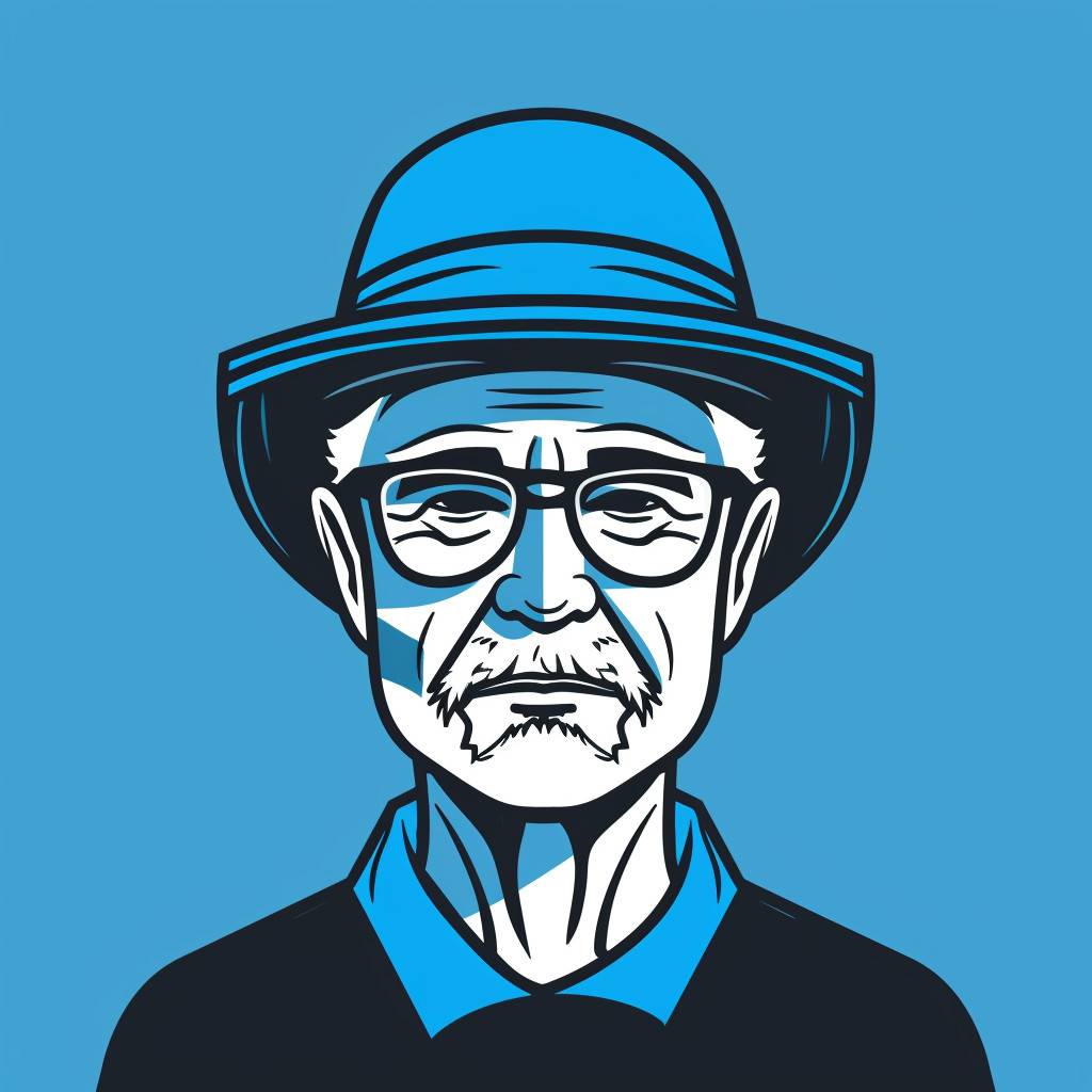 Graphic LOGO, a middle-age man wearing a duckbill hat, black and blue lines, UI, ux, APP, flat design, minimalism, flat style, line art, Pinterest, dribbble