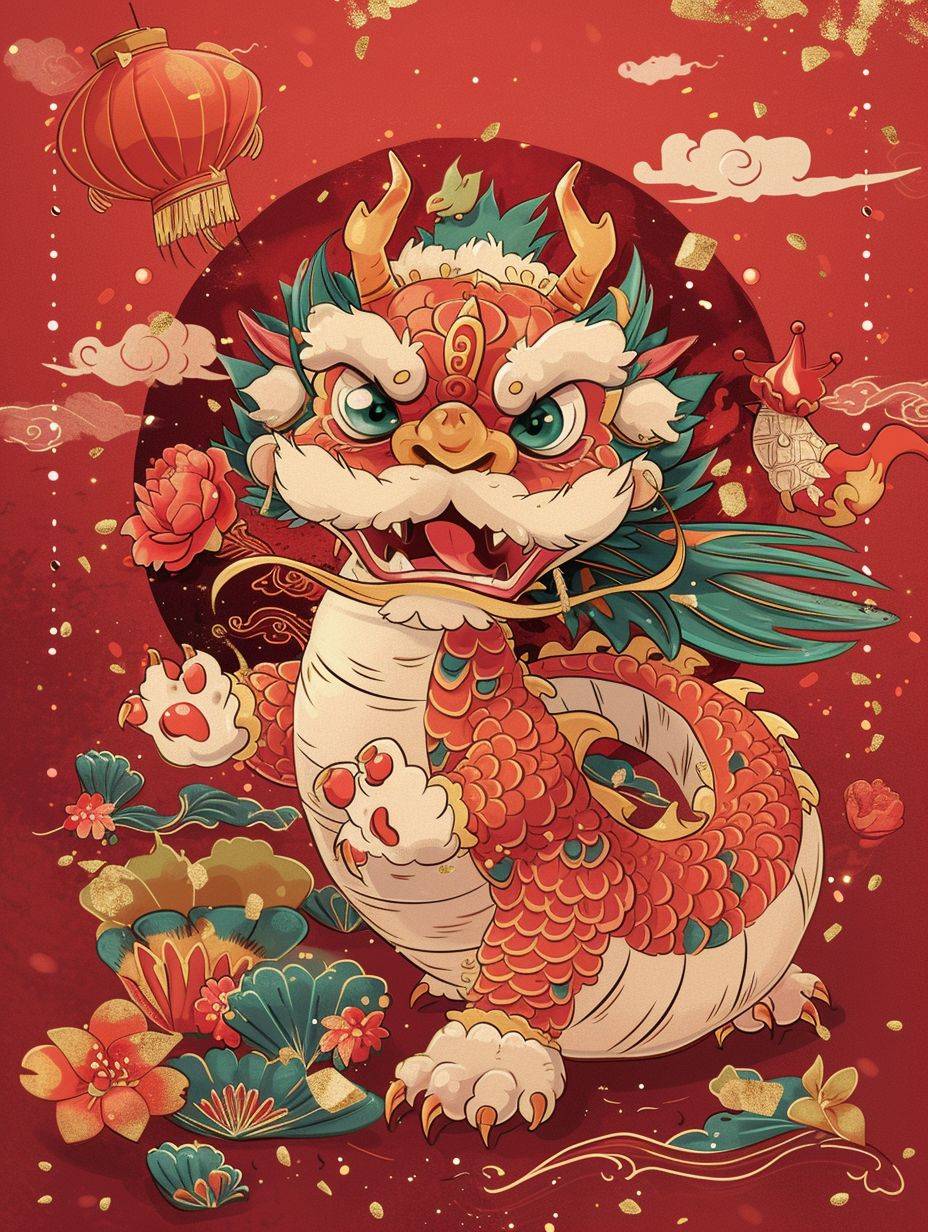 Chinese dragon card with red background and cute animal characters, in the style of fawncore, 32k UHD, caricature-like illustrations, solapunk, qian xuan, coloristic intensity, distinctive character design